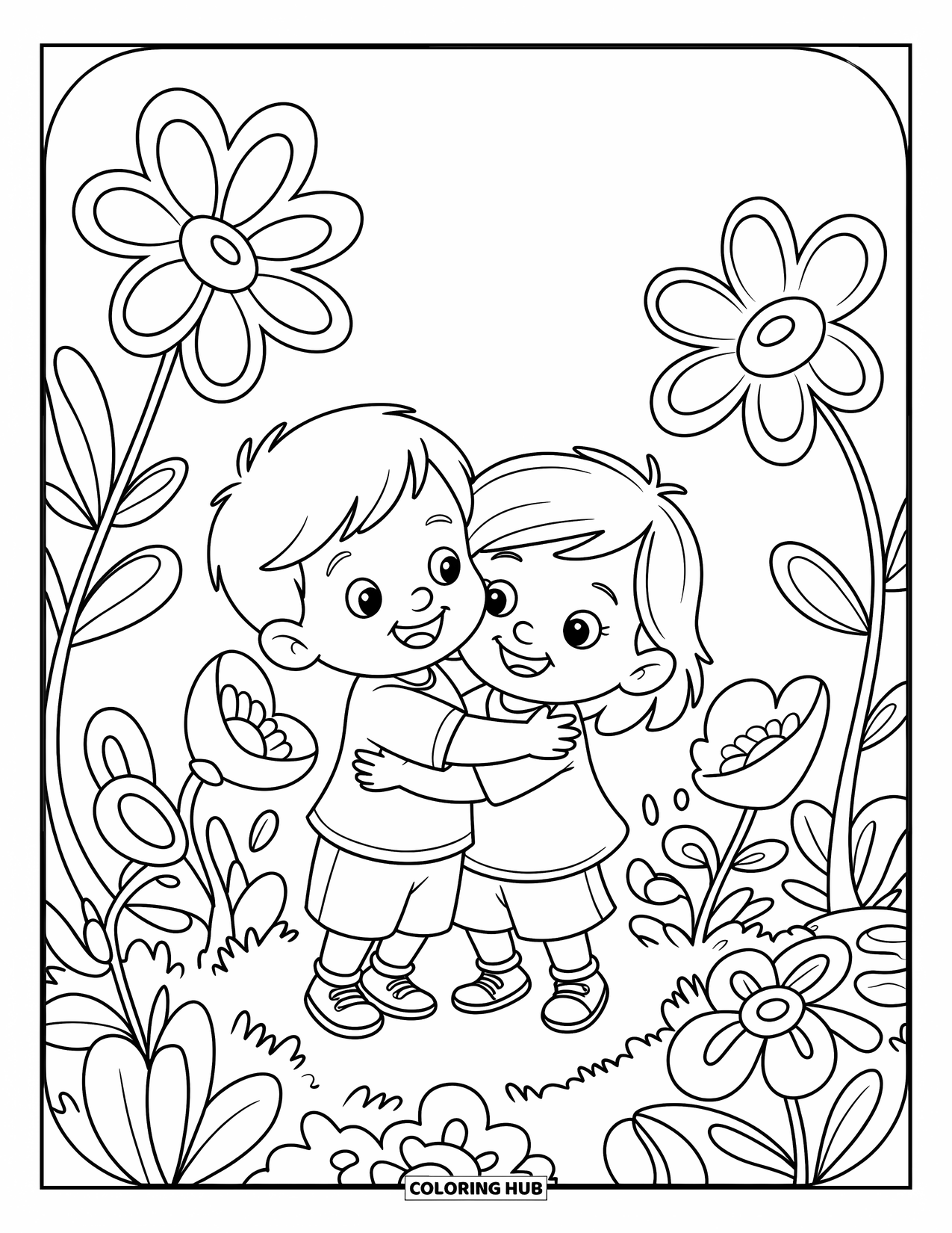 Friendship Coloring Page for Kids: Two kids hug in a meadow framed by playful flowers and curling petals