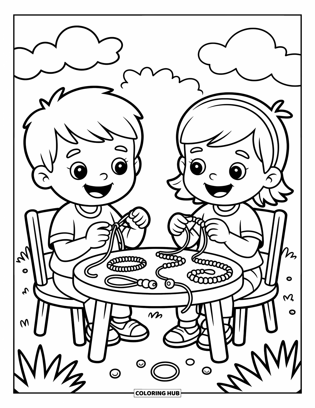 Friendship Coloring Page for Kids: Two kids make friendship bracelets at a table with threads, beads, and big smiles