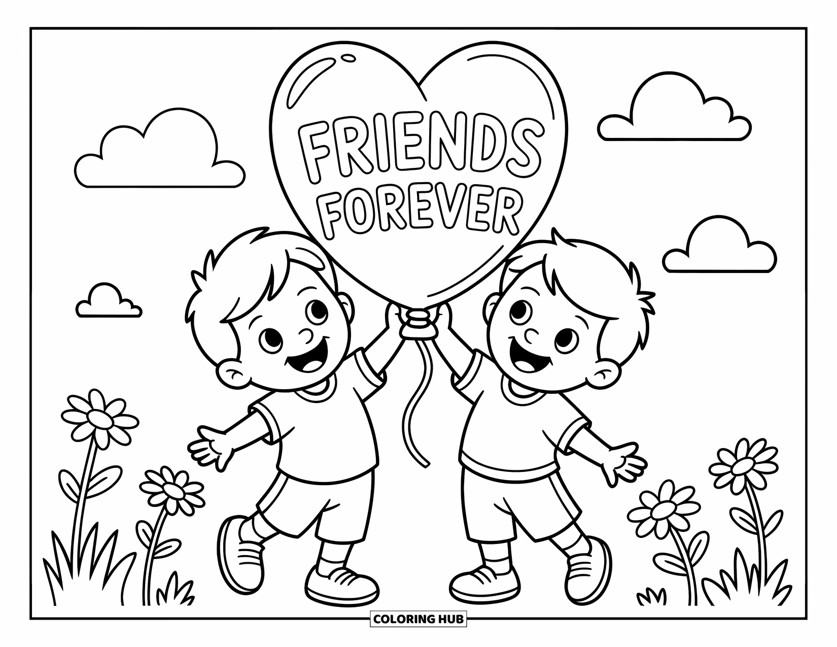 Friendship Coloring Page for Kids: Two kids stand in a field, holding a heart balloon that says "Friends Forever"