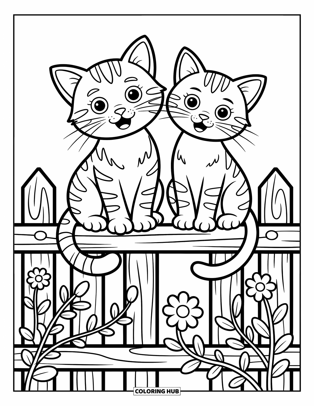 Friendship Coloring Page for Kids: Two playful cats sit on a fence, tails twined as flowers grow around them