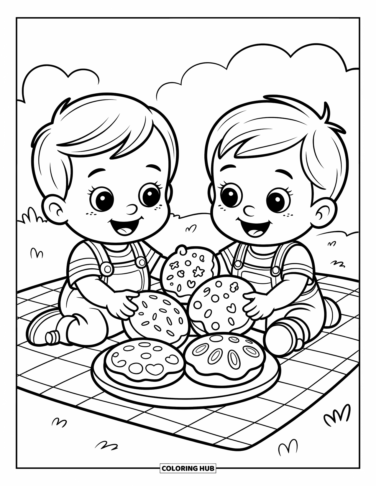 Friendship Coloring Page for Kids: Two toddlers enjoy cookies on a picnic blanket with sprinkles, stripes, and happy smiles