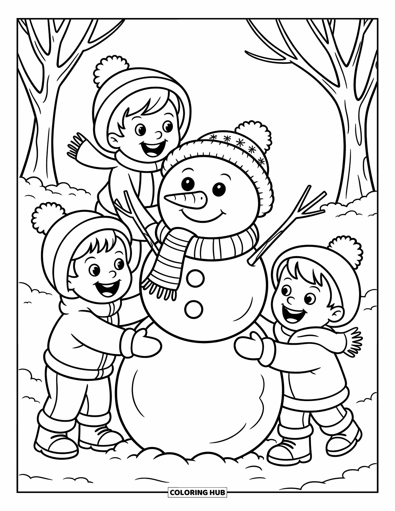 Friendship Coloring Page for Kids: Winter fun as three kids roll snow and add a scarf to their snowman