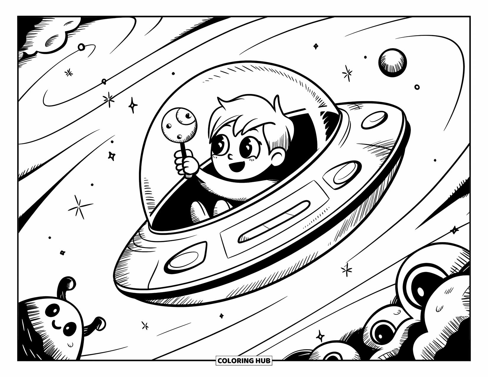 Galaxy Coloring Page for Adults: A boy in a space pod plays with a moon yo-yo as space critters peek from asteroids