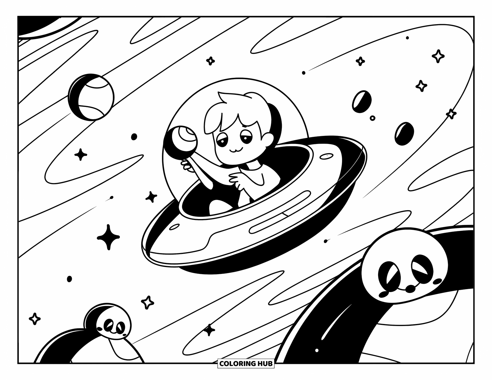 Galaxy Coloring Page for Adults: A boy in a space pod plays with a moon yo-yo near galaxies and curious space critters