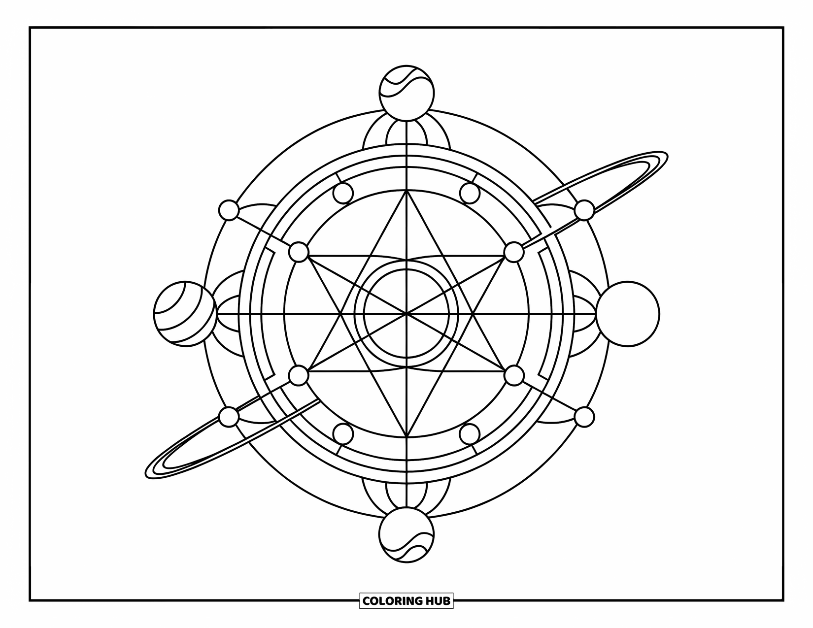 Galaxy Coloring Page for Adults: A calm pattern of circles and lines with planets gently orbiting its center