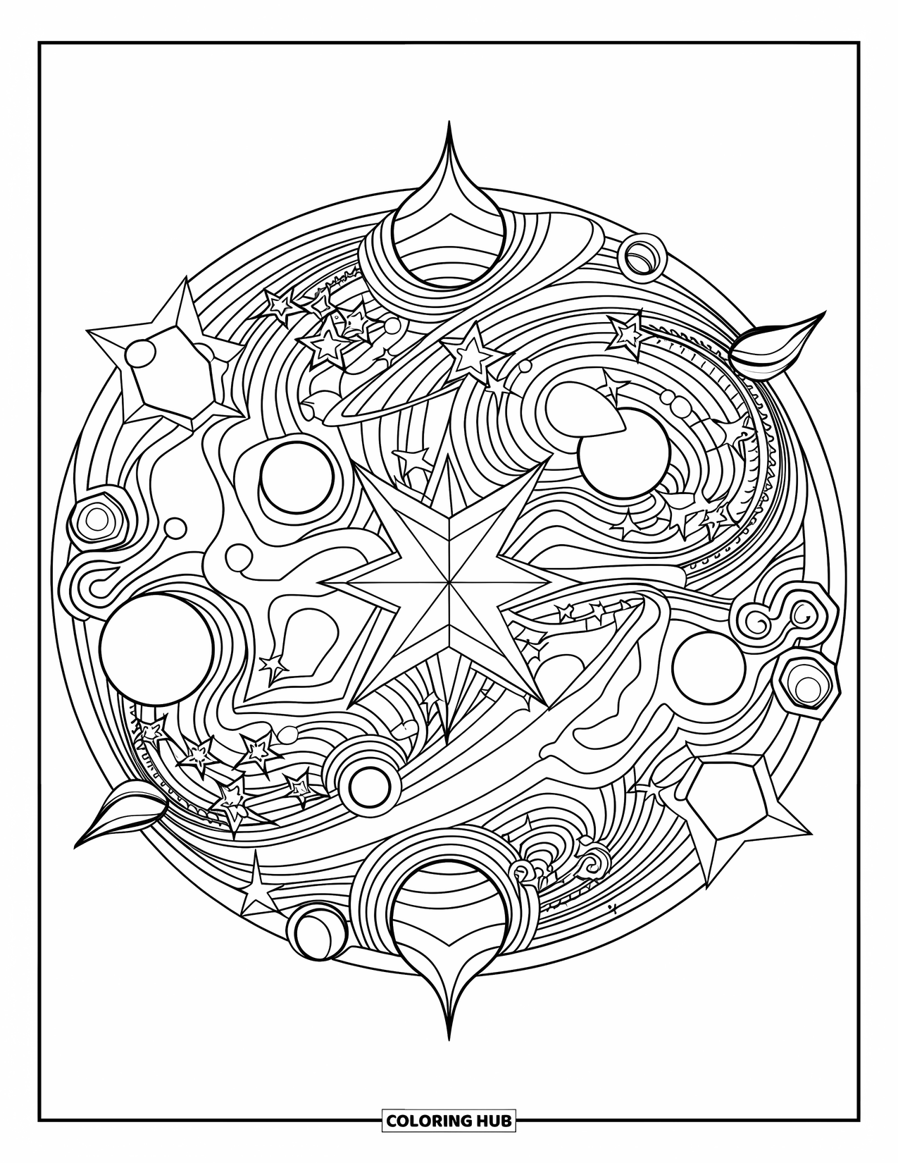 Galaxy Coloring Page for Adults: A centered mandala of stars and comets creates a calm, space-inspired design
