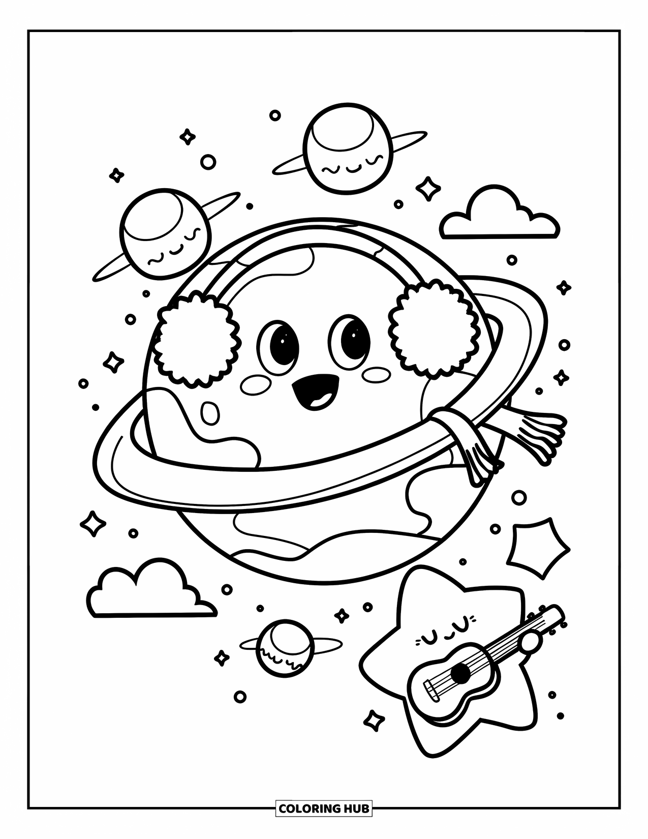 Galaxy Coloring Page for Adults: A cheerful planet in a scarf orbits with marshmallow satellites and a star playing ukulele