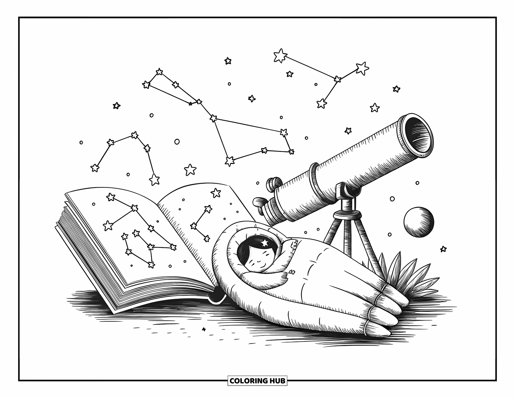 Galaxy Coloring Page for Adults: A child naps beside a telescope as stars float up from a book of constellations