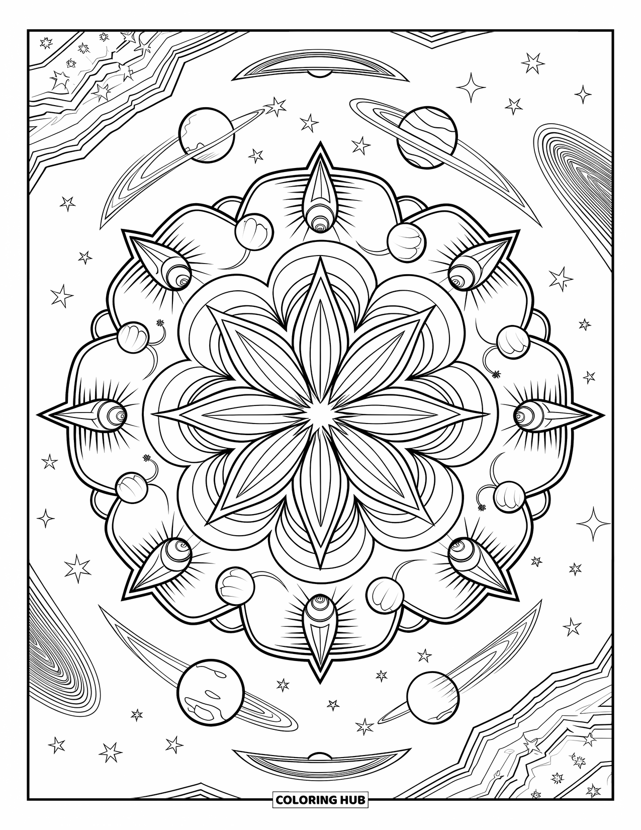 Galaxy Coloring Page for Adults: A cosmic mandala radiates with stars, planets, and comets in every direction