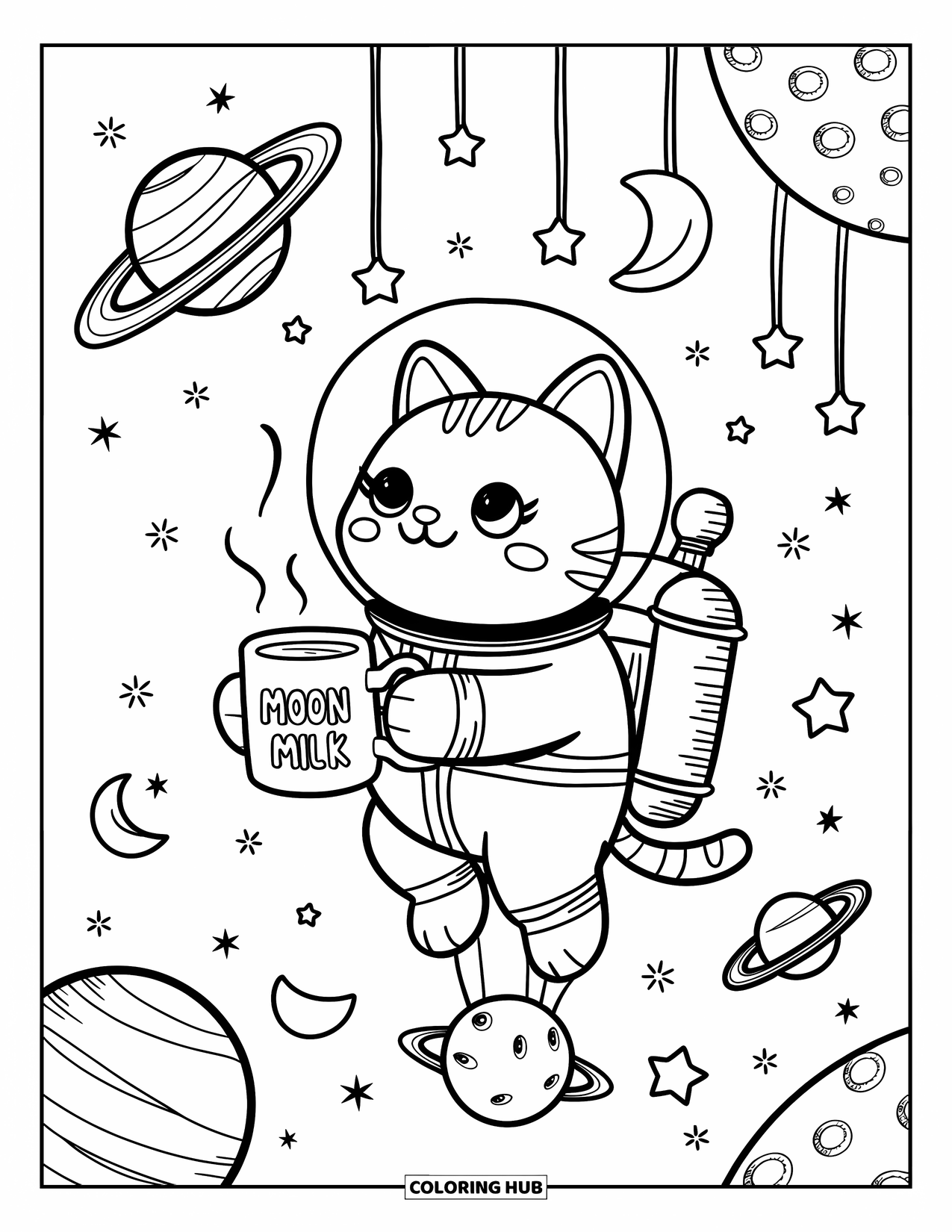 Galaxy Coloring Page for Adults: A cozy cat in space floats with a jetpack and moon milk, surrounded by dreamy planets