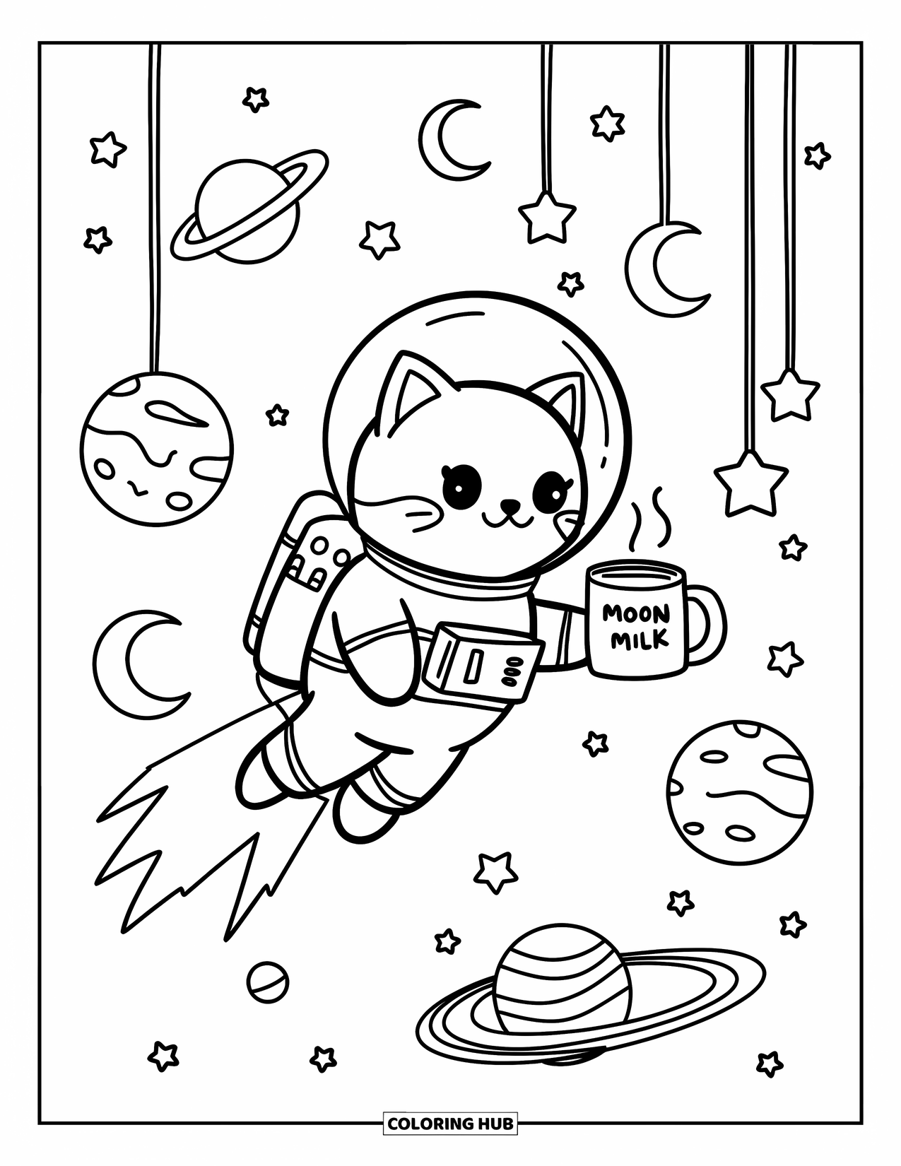 Galaxy Coloring Page for Adults: A floating cat in a jetpack holds moon milk among garlands, moons, and tiny planets