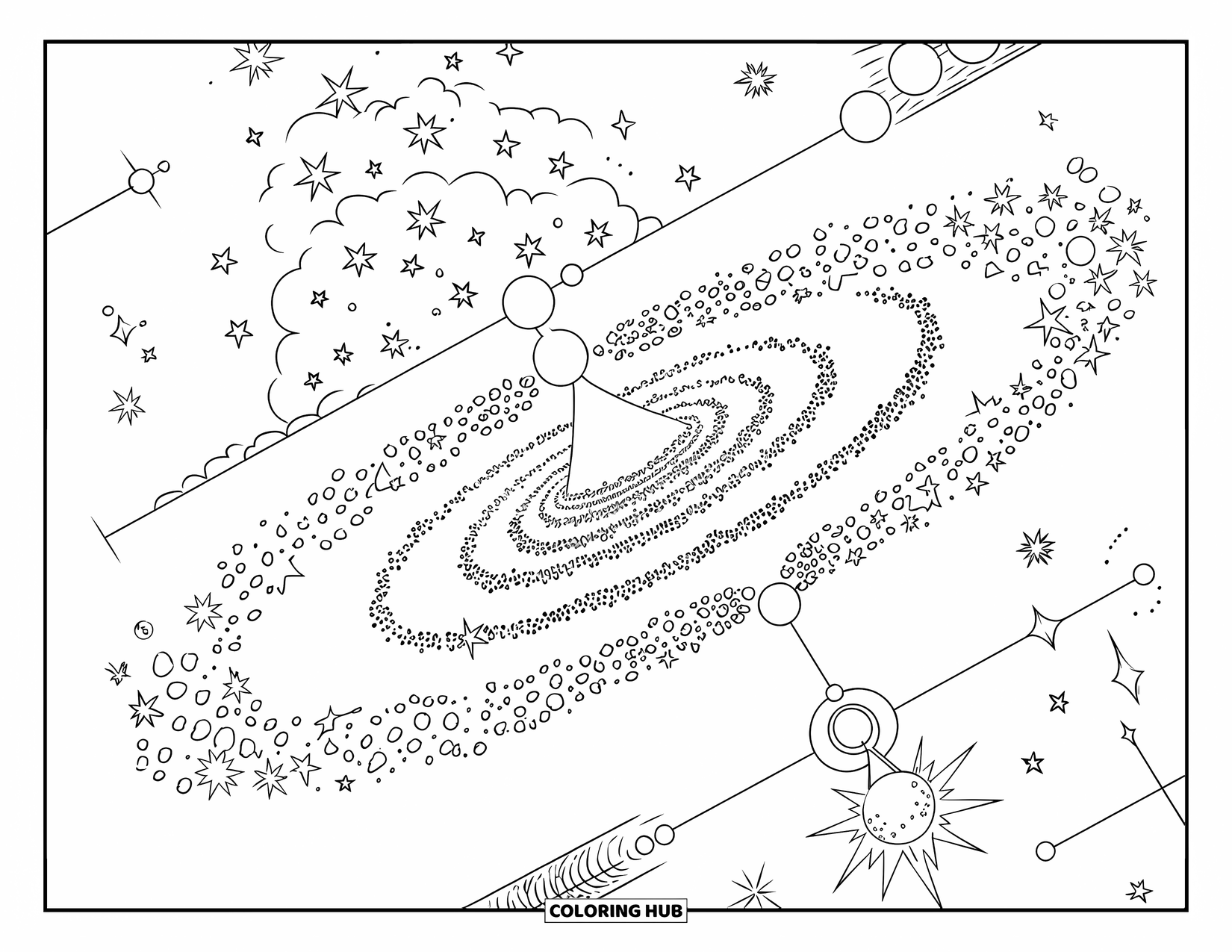 Galaxy Coloring Page for Adults: A galaxy forms step by step, starting with a quiet star cloud