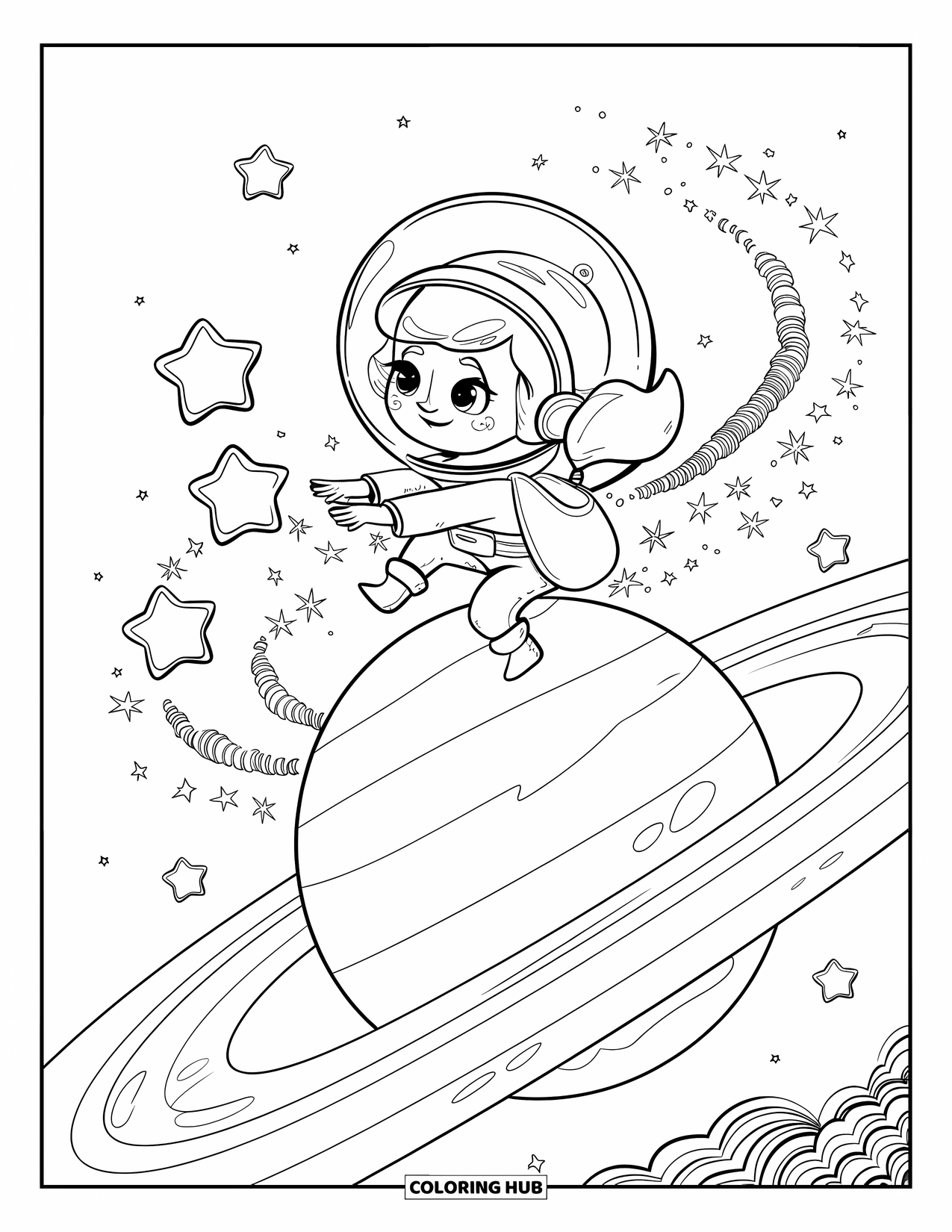 Galaxy Coloring Page for Adults: A girl floats over a ringed planet, releasing stars into a spiral galaxy path