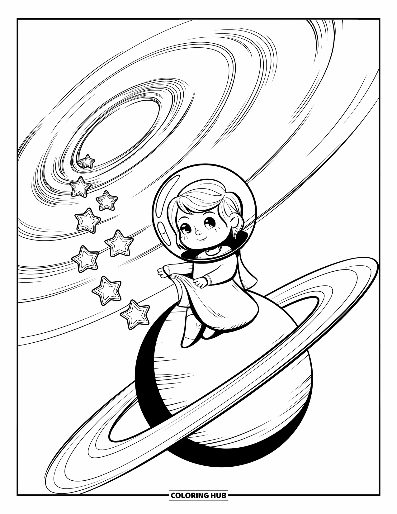 Galaxy Coloring Page for Adults: A girl in a helmet drifts above a planet, releasing stars into a spiral galaxy