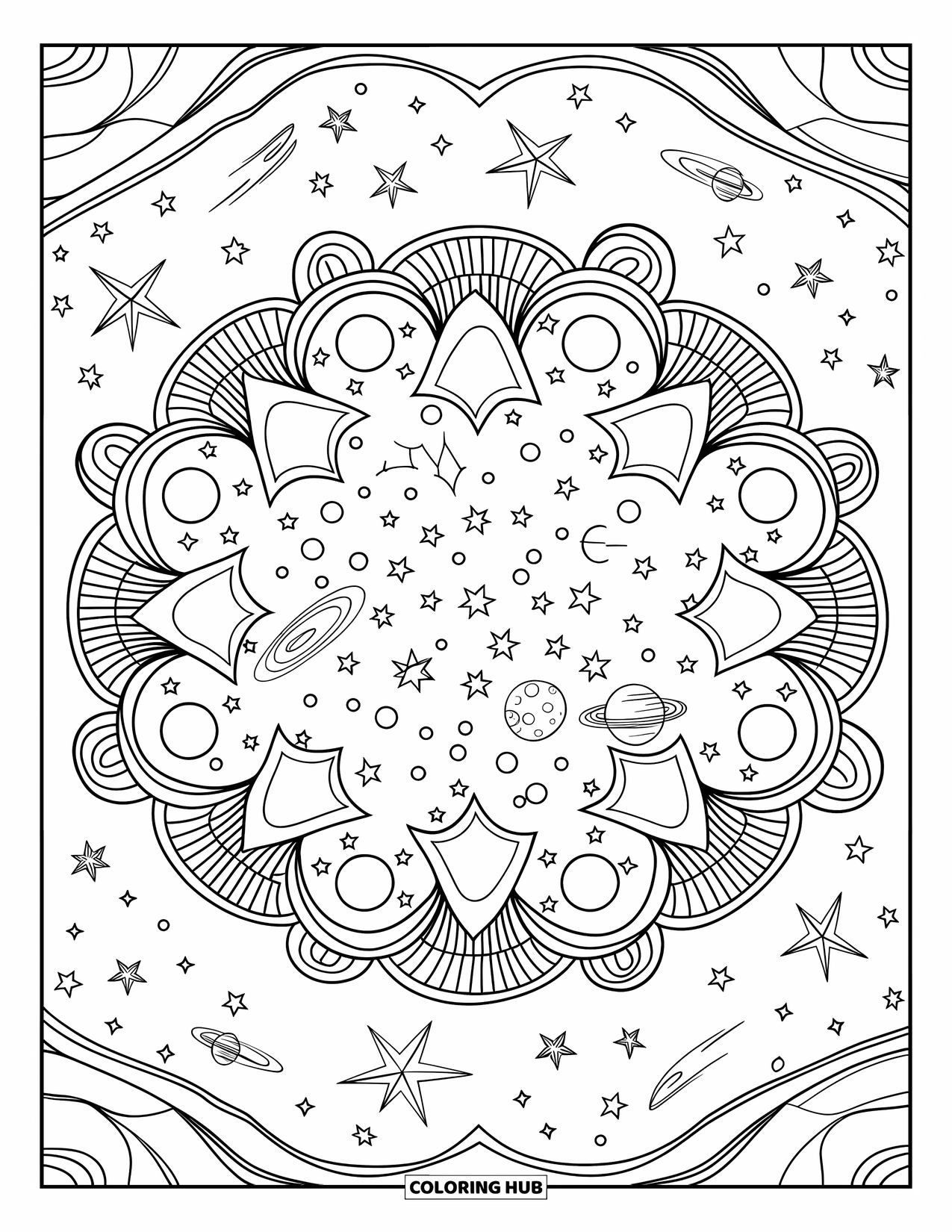 Galaxy Coloring Page for Adults: A layered mandala of stars, moons, planets, and swirling comets forms a peaceful circle
