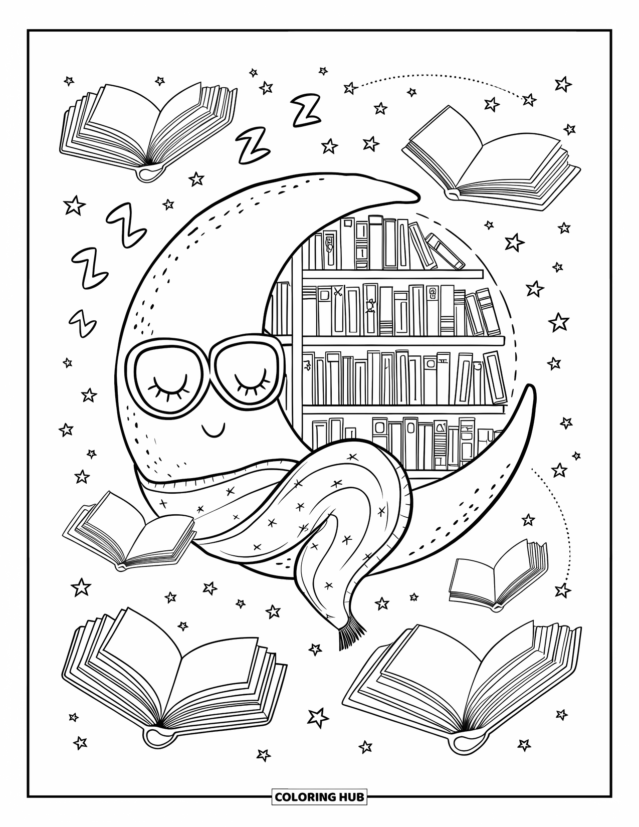 Galaxy Coloring Page for Adults: A moon naps under a blanket as constellation books and dreamy zís drift around