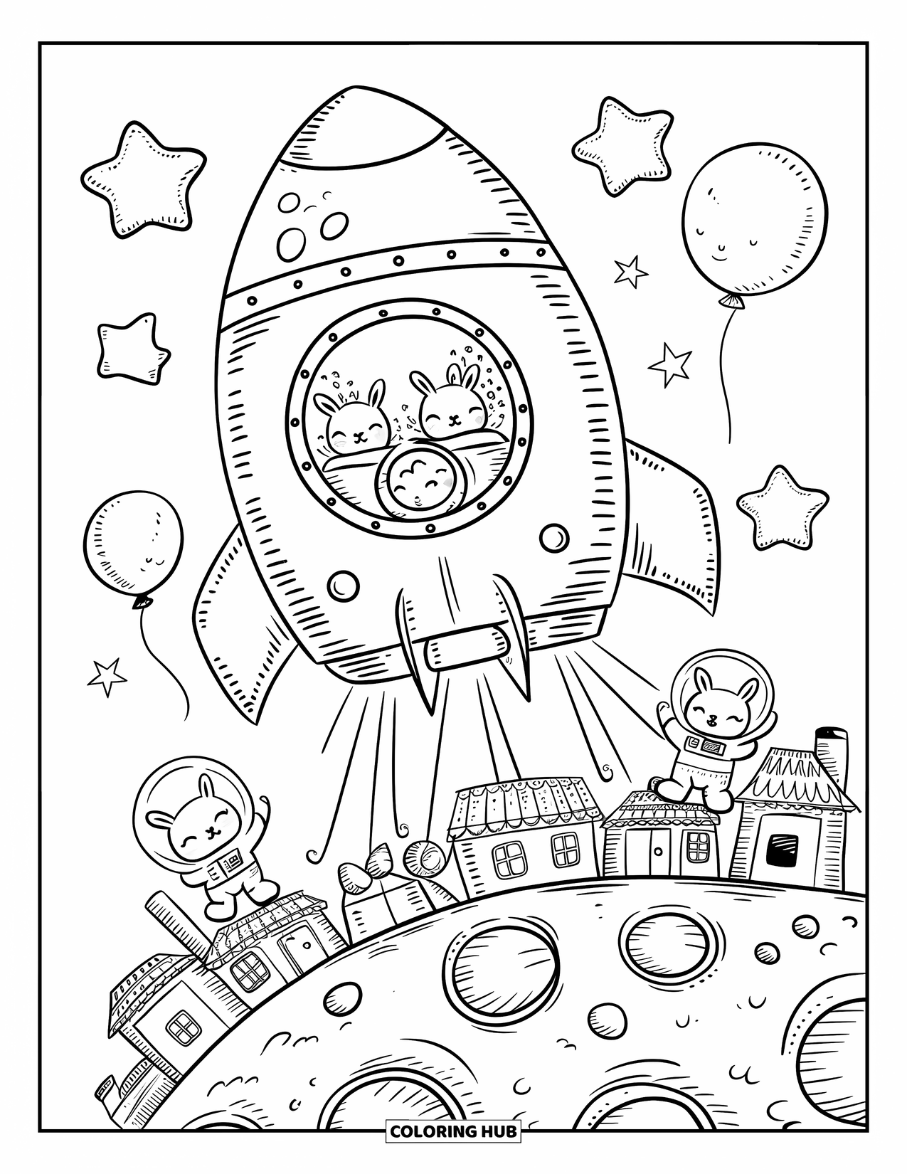 Galaxy Coloring Page for Adults: A rocket house with soft windows floats above a moon village with waving bunny astronauts