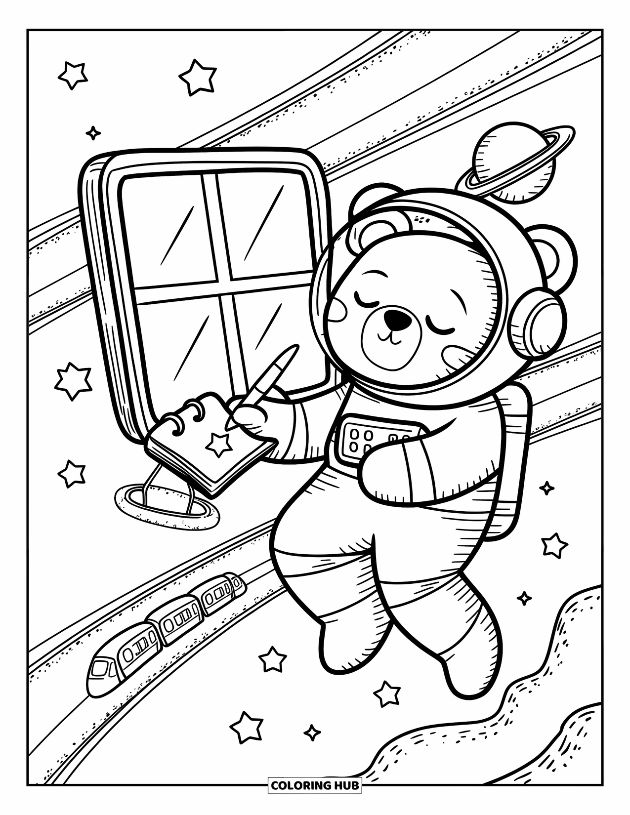 Galaxy Coloring Page for Adults: A sleepy astronaut bear floats near a telescope while planets and stars drift by slowly