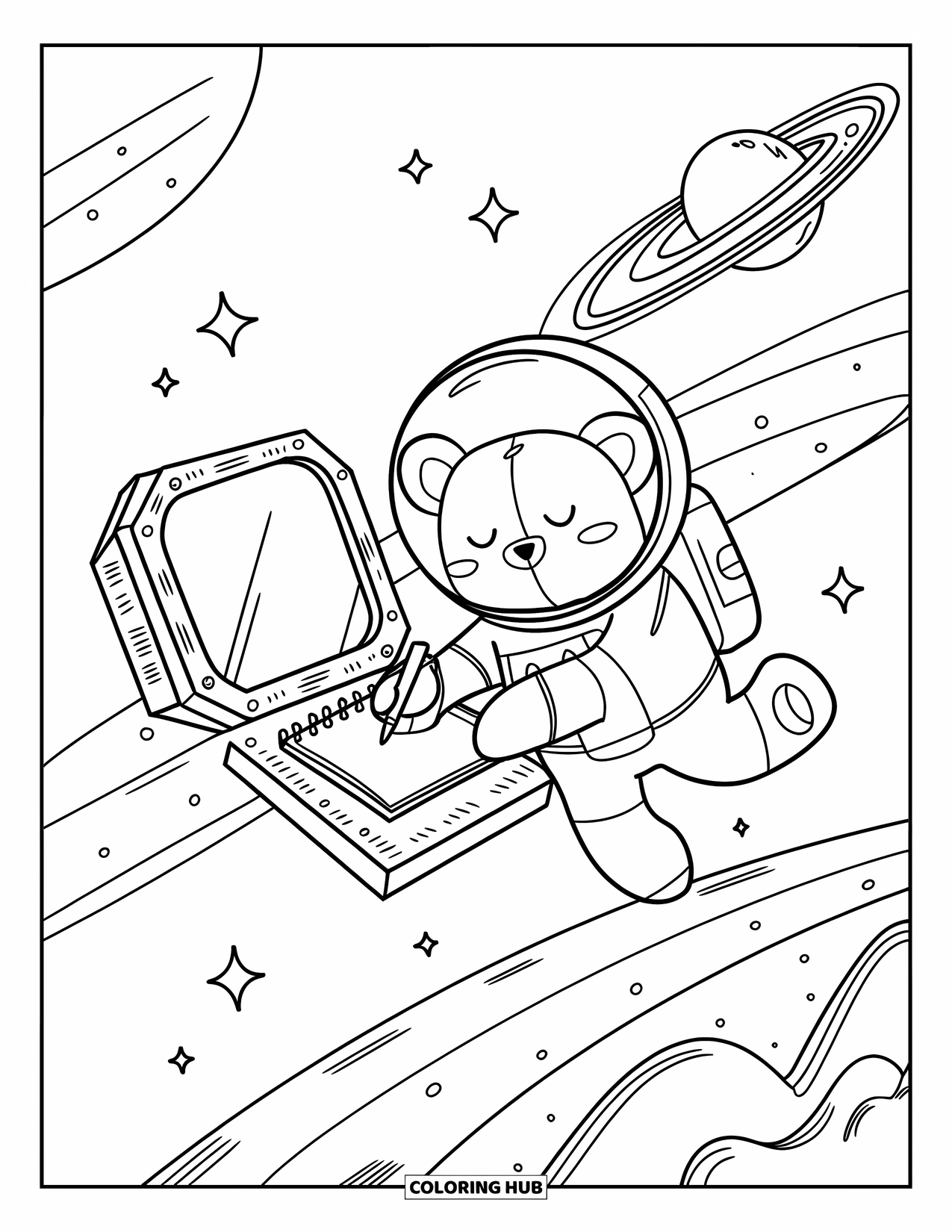 Galaxy Coloring Page for Adults: A sleepy astronaut bear sketches stars near a telescope as a planet train drifts by