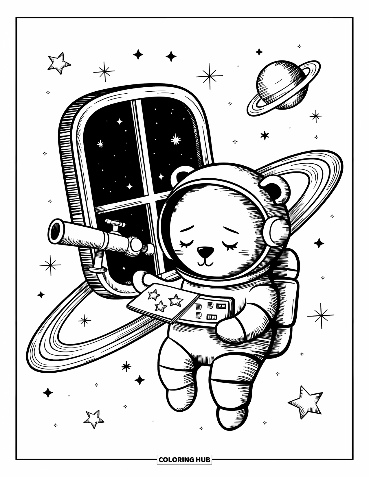 Galaxy Coloring Page for Adults: A sleepy bear floats by a telescope, sketching stars as a planet train passes by