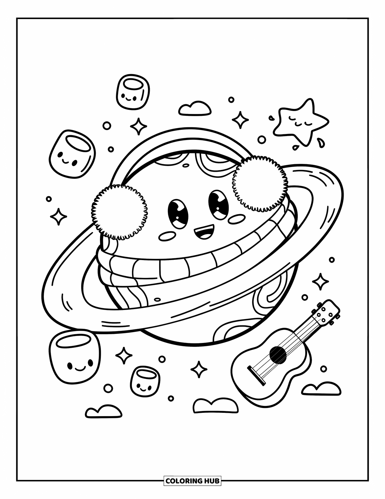Galaxy Coloring Page for Adults: A smiling planet in earmuffs floats with marshmallow satellites and a star playing ukulele