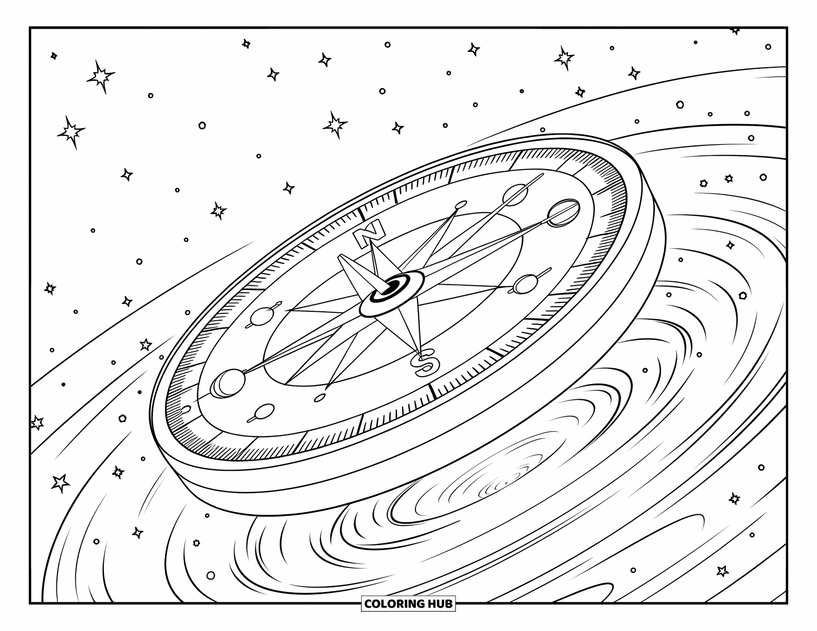 Galaxy Coloring Page for Adults: A space compass floats above a swirling galaxy filled with stars