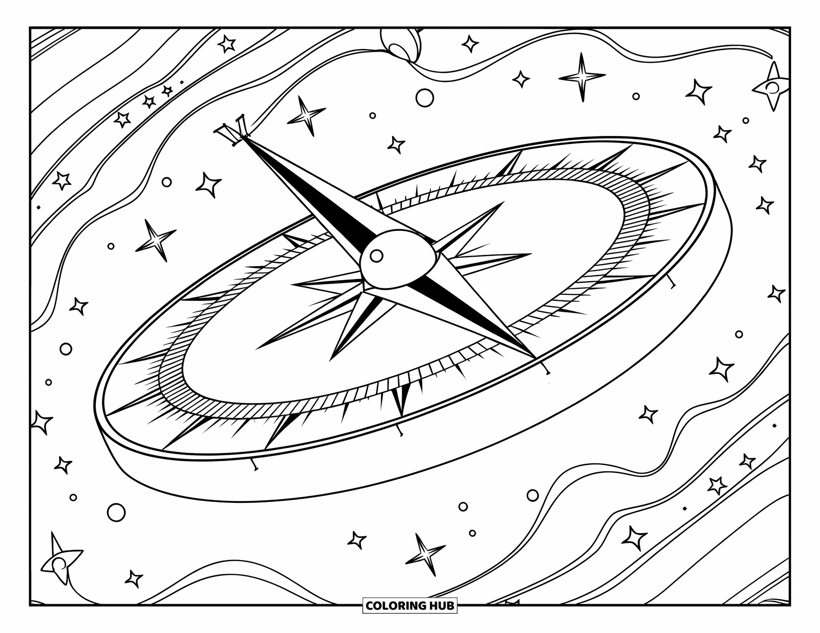 Galaxy Coloring Page for Adults: A space compass points toward a galaxy core, surrounded by stars and planet symbols