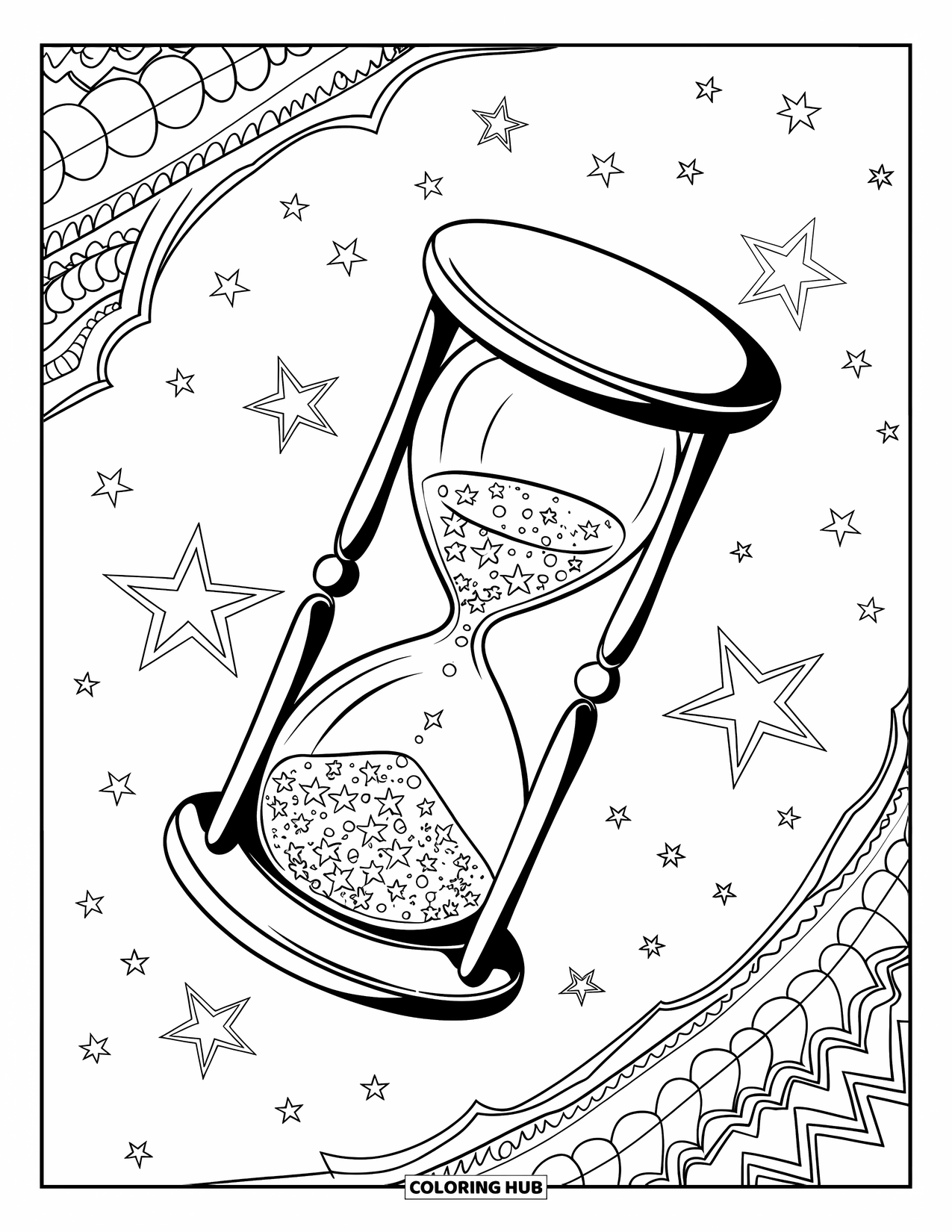 Galaxy Coloring Page for Adults: A star-filled hourglass floats in space, surrounded by intricate cosmic patterns