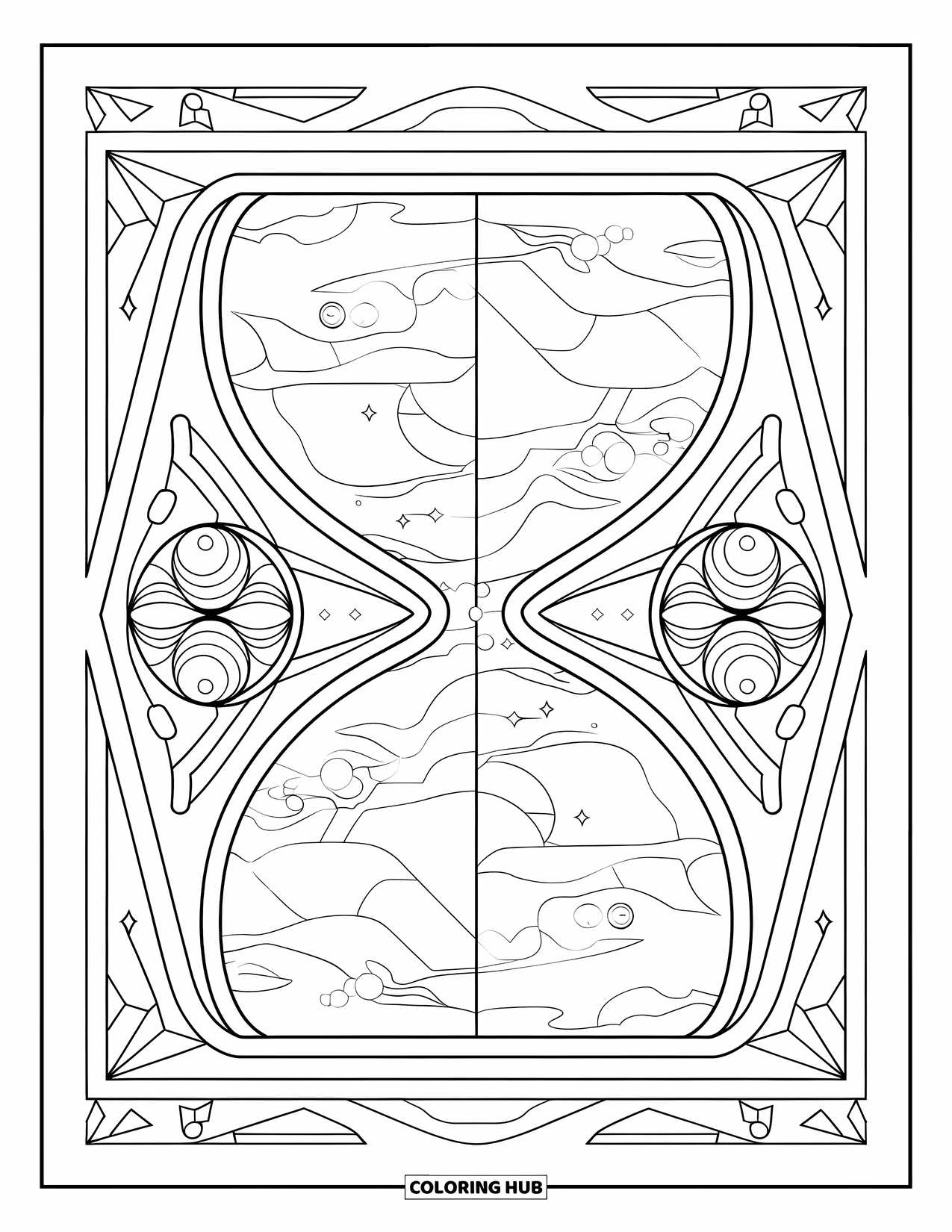 Galaxy Coloring Page for Adults: A symmetrical hourglass nebula features mirrored planets and soft, swirling space designs