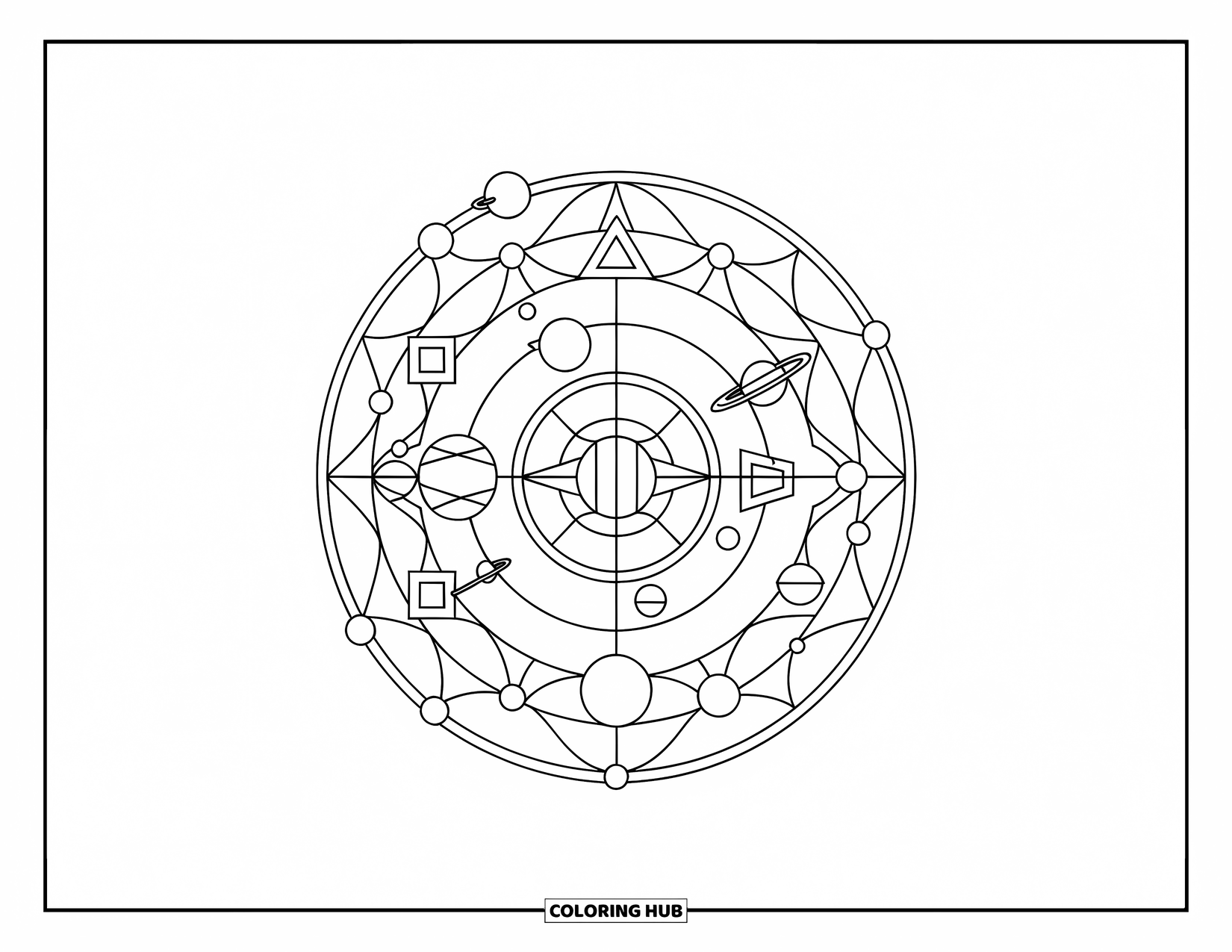 Galaxy Coloring Page for Adults: Geometric shapes and planets align neatly in a peaceful circular pattern
