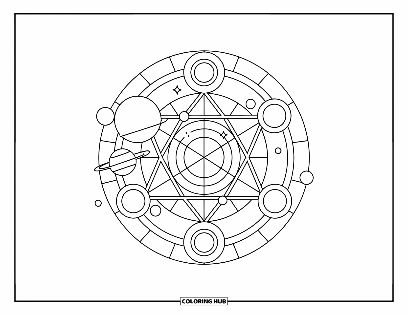 Galaxy Coloring Page for Adults: Planets orbit around a peaceful mix of circles, squares, and triangles