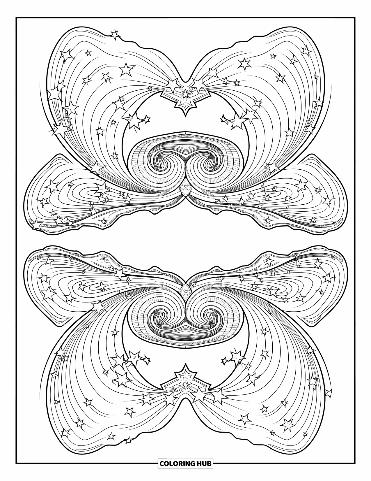 Galaxy Coloring Page for Adults: Spiraling galaxies reflect each other with stars and cosmic dust all around