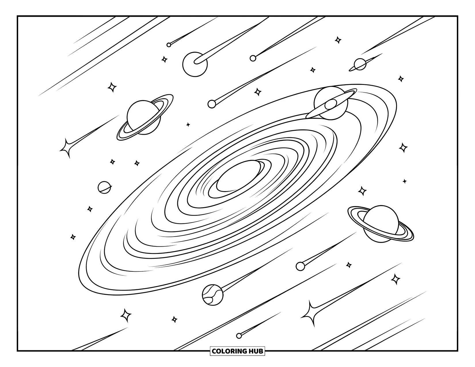 Galaxy Coloring Page for Kids: A bright galactic swirl glows with stars and planets spinning at different distances
