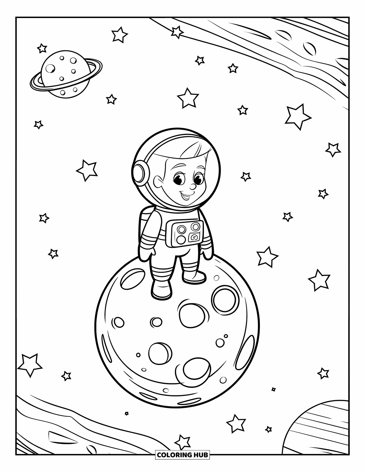 Galaxy Coloring Page for Kids: A cheerful astronaut stands on a cratered moon with stars and planets in the sky