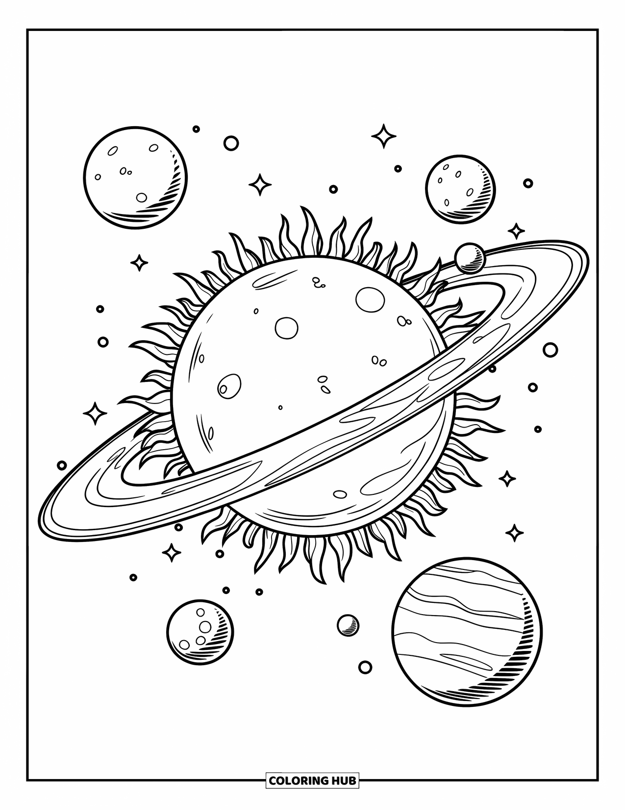Galaxy Coloring Page for Kids: A cratered sun anchors a solar system of moons and smooth, orbiting planets