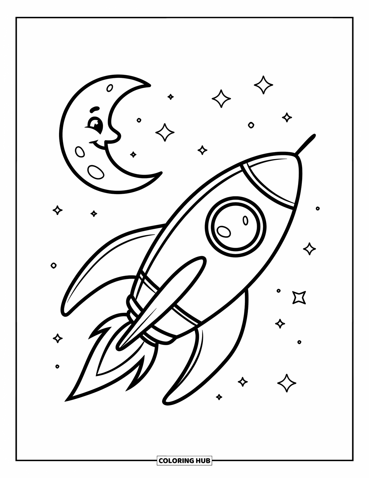 Galaxy Coloring Page for Kids: A cute rocket zooms past a smiling moon surrounded by tiny stars