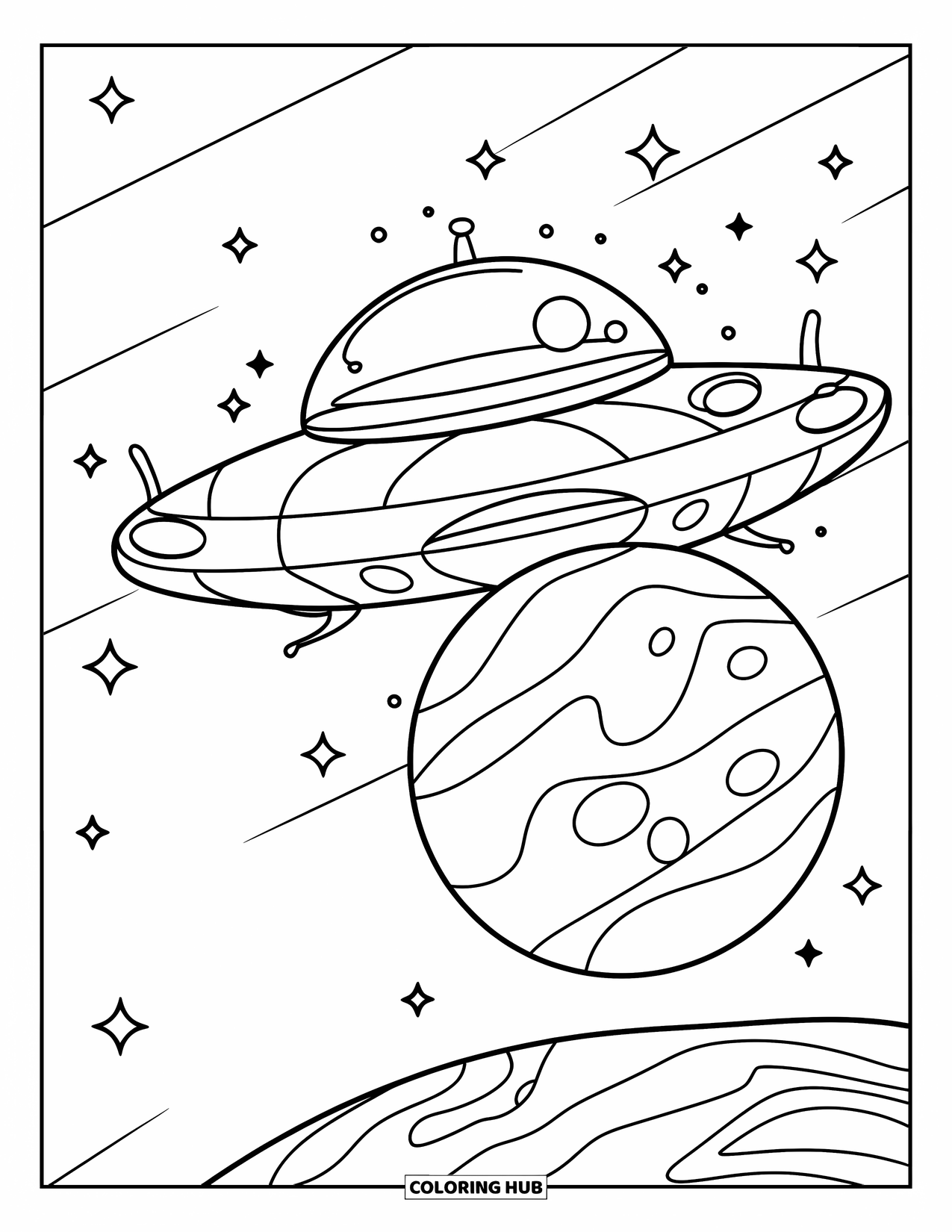 Galaxy Coloring Page for Kids: A cute UFO with a window floats beside a planet under the night stars
