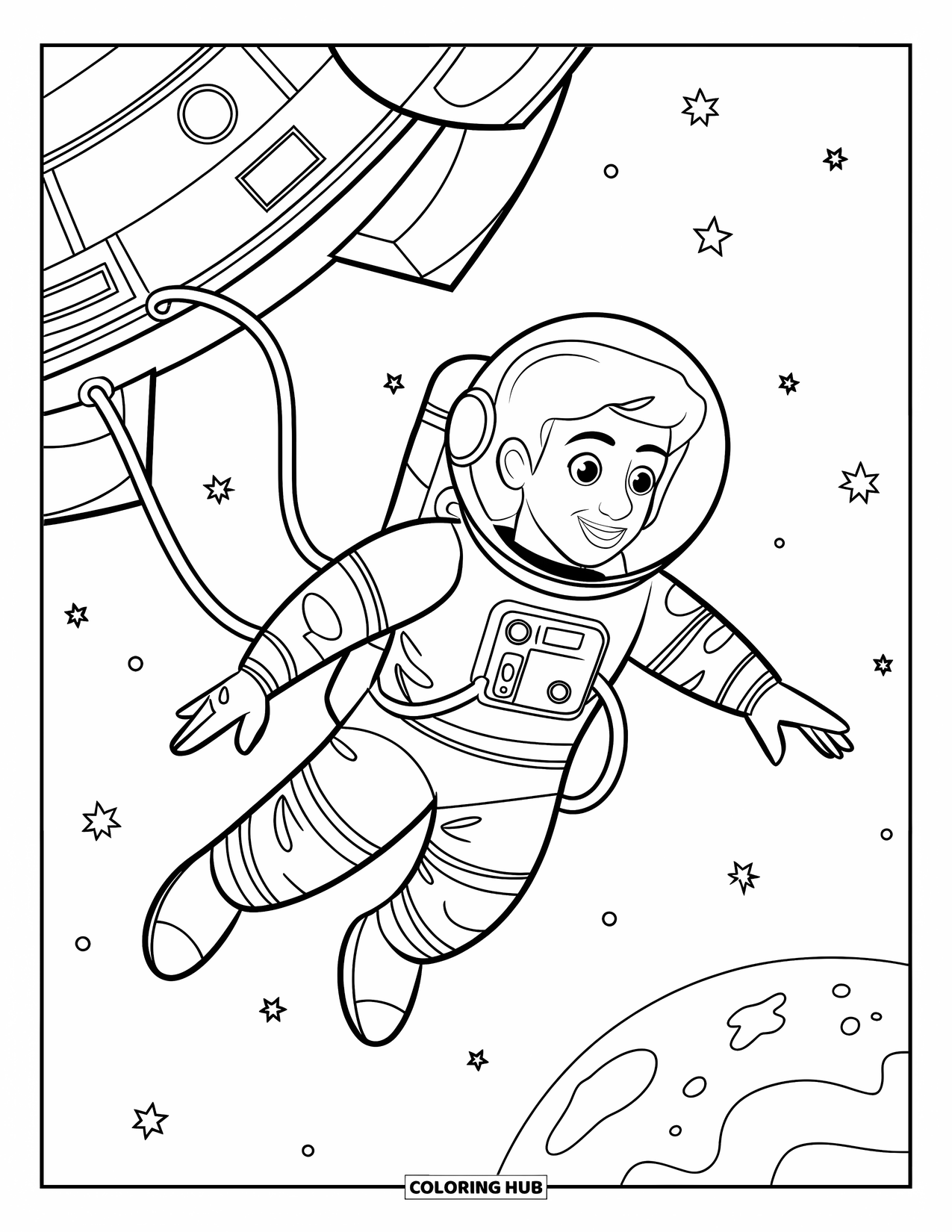Galaxy Coloring Page for Kids: A floating explorer is tethered to a spaceship among stars and drifting planets