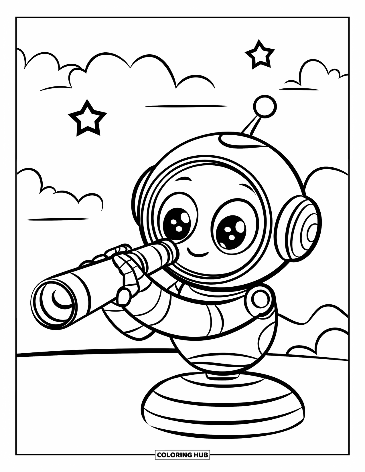 Galaxy Coloring Page for Kids: A friendly robot looks up with a telescope under stars and clouds