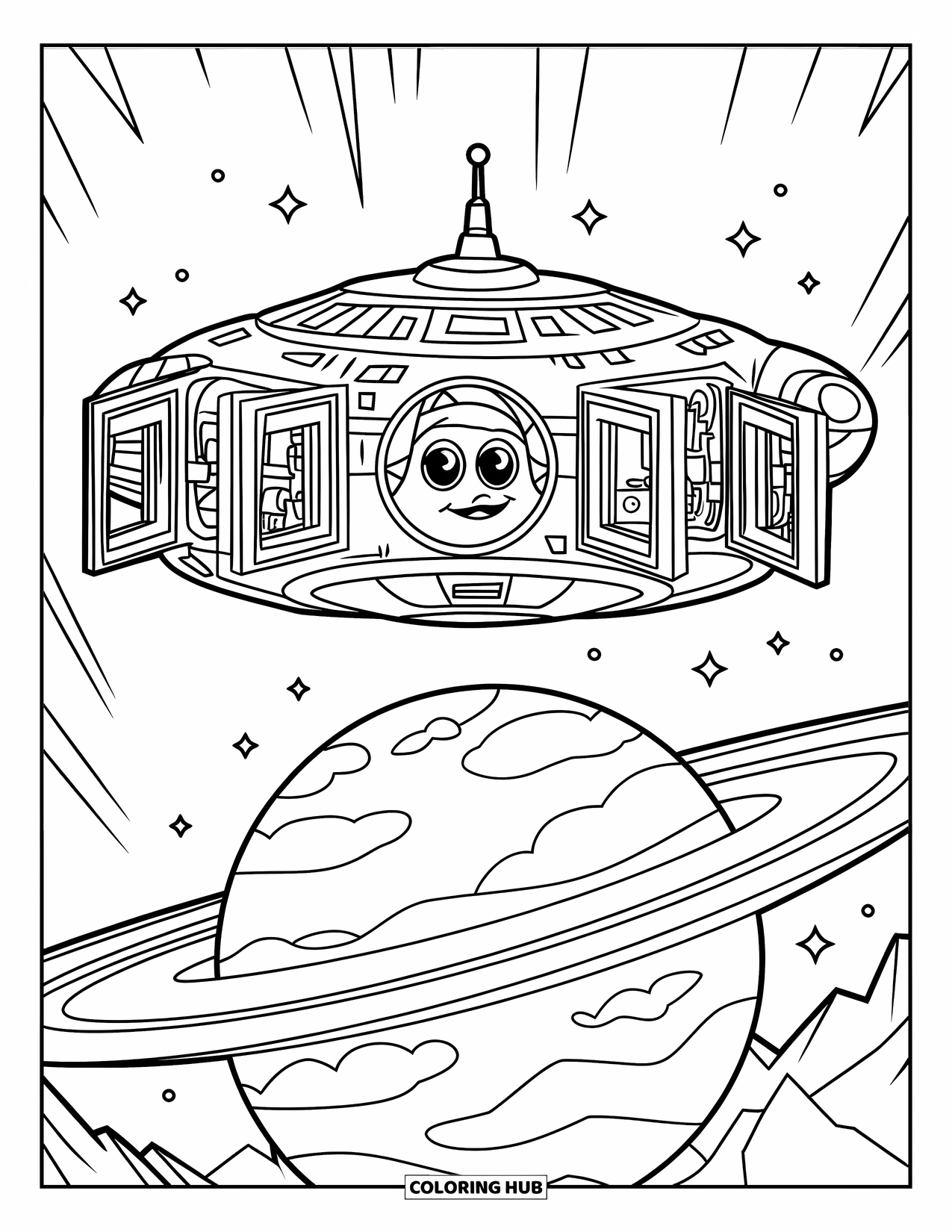 Galaxy Coloring Page for Kids: A friendly space station floats near a planet, windows open to the stars