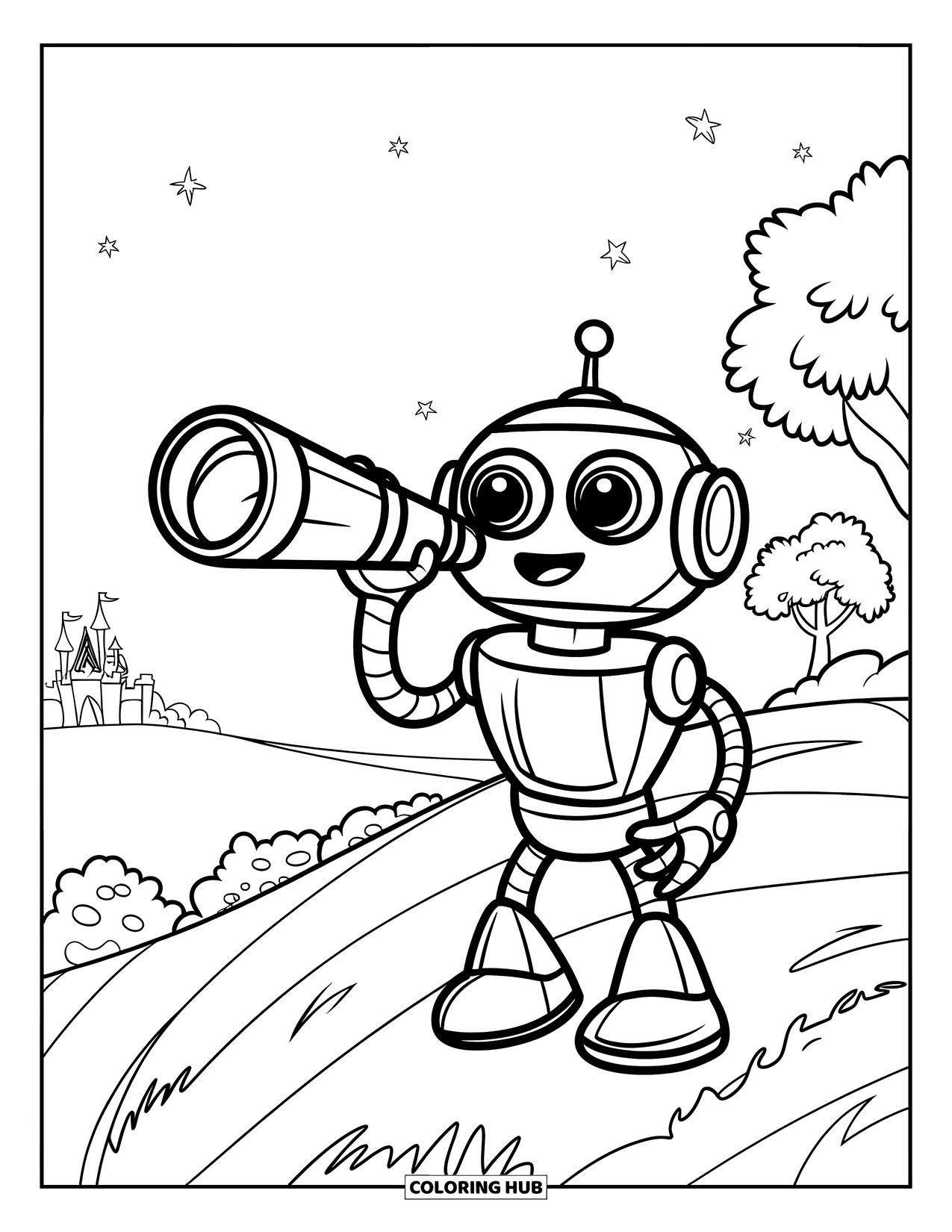 Galaxy Coloring Page for Kids: A robot stands on a hillside with a telescope, gazing toward a castle under the stars