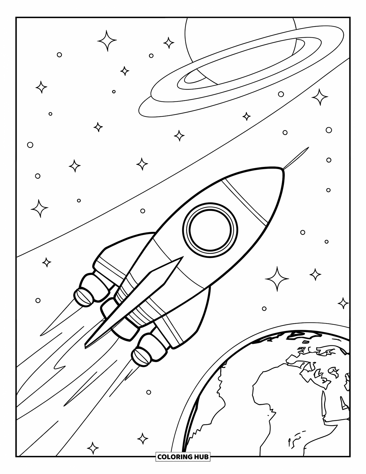 Galaxy Coloring Page for Kids: A rocket launches from Earth with stars and planets glowing in the distance