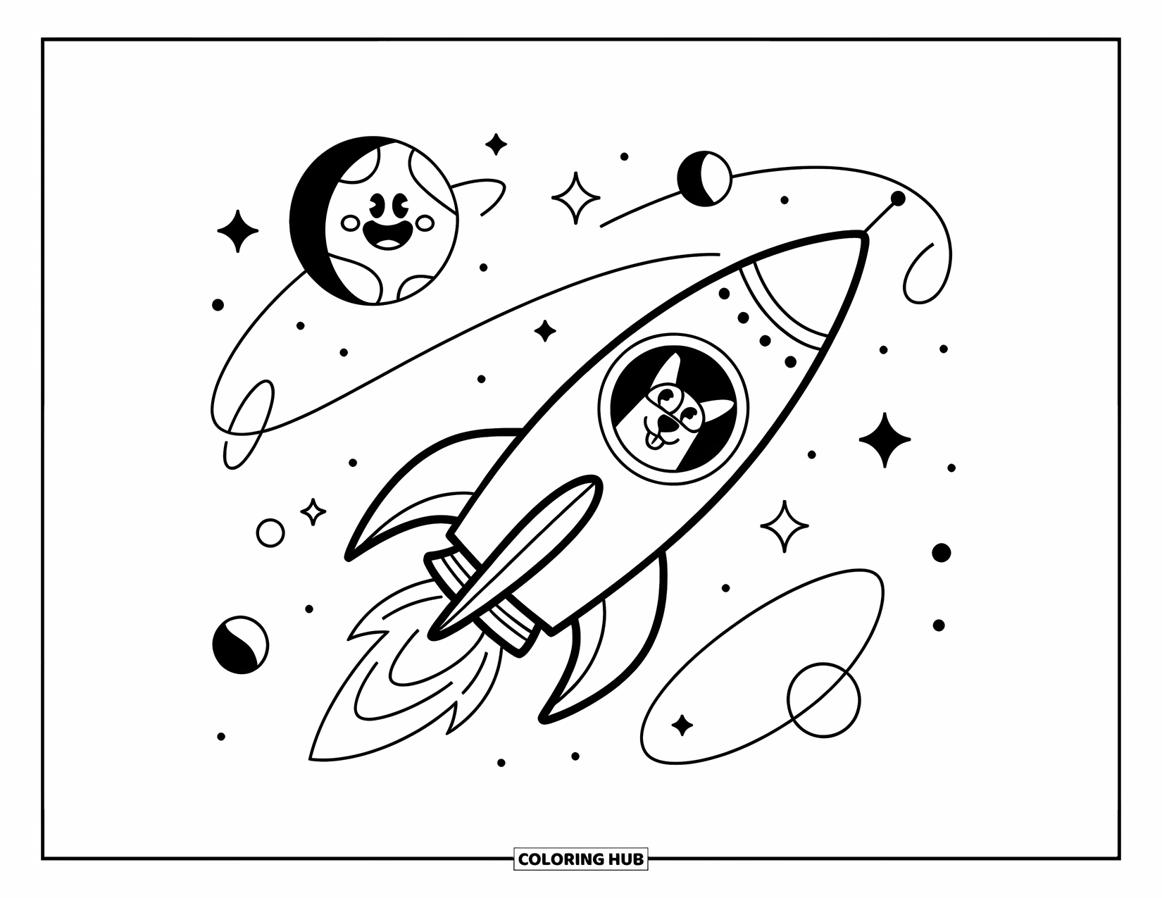 Galaxy Coloring Page for Kids: A rocket with a joyful dog flies past a smiling planet and sparkly curves