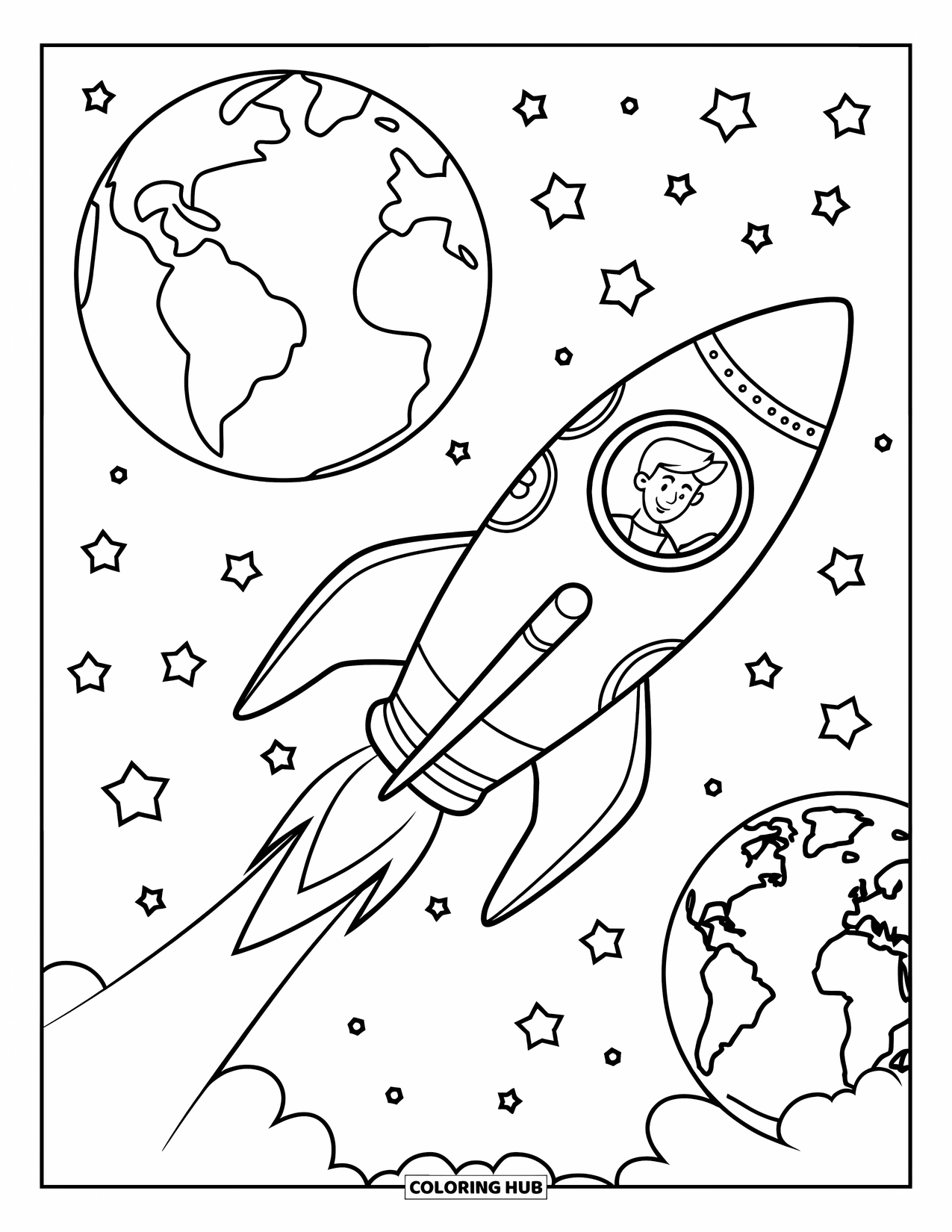 Galaxy Coloring Page for Kids: A rocket with a smiling astronaut blasts off from Earth into a starry galaxy