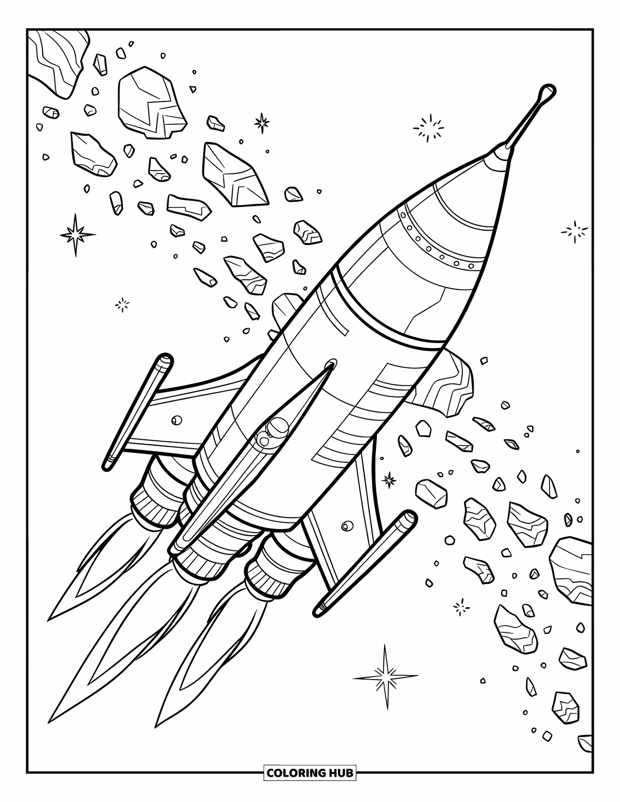 Galaxy Coloring Page for Kids: A rocket with boosters zooms past asteroids scattered across deep space