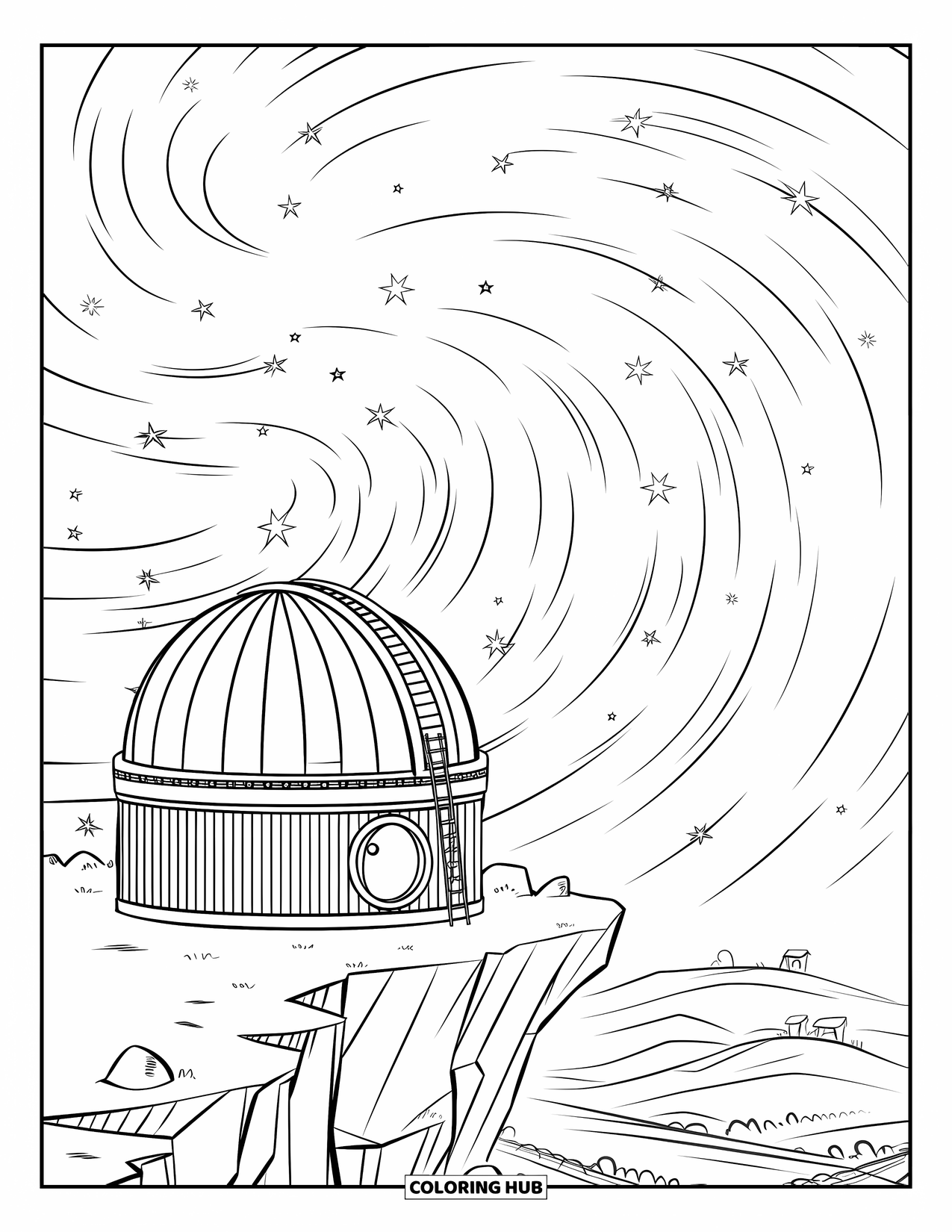 Galaxy Coloring Page for Kids: A round observatory perches on a rocky cliff beneath a sky full of stars