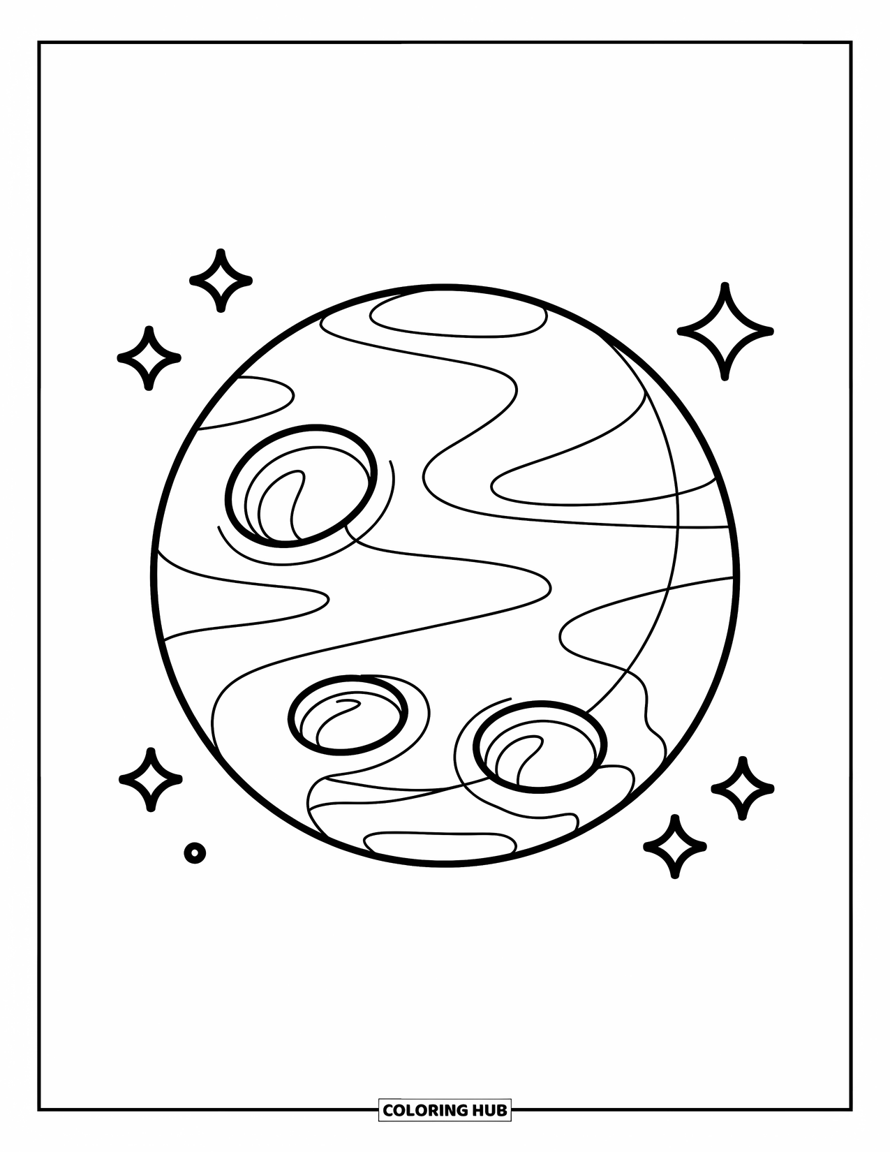 Galaxy Coloring Page for Kids: A round planet with craters and sparkles shines with a playful, easy look