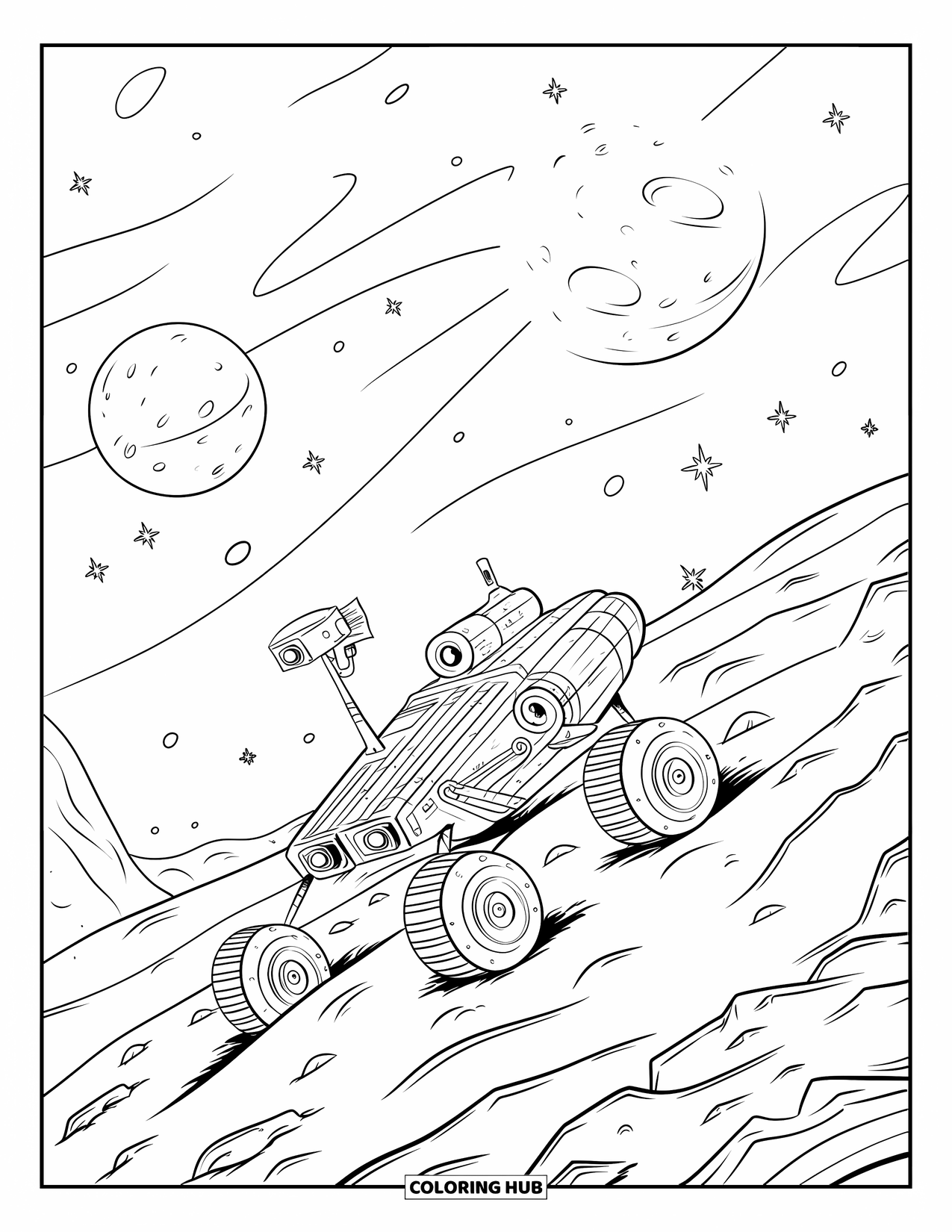 Galaxy Coloring Page for Kids: A rover with a camera rolls over craters and boulders beneath two large moons