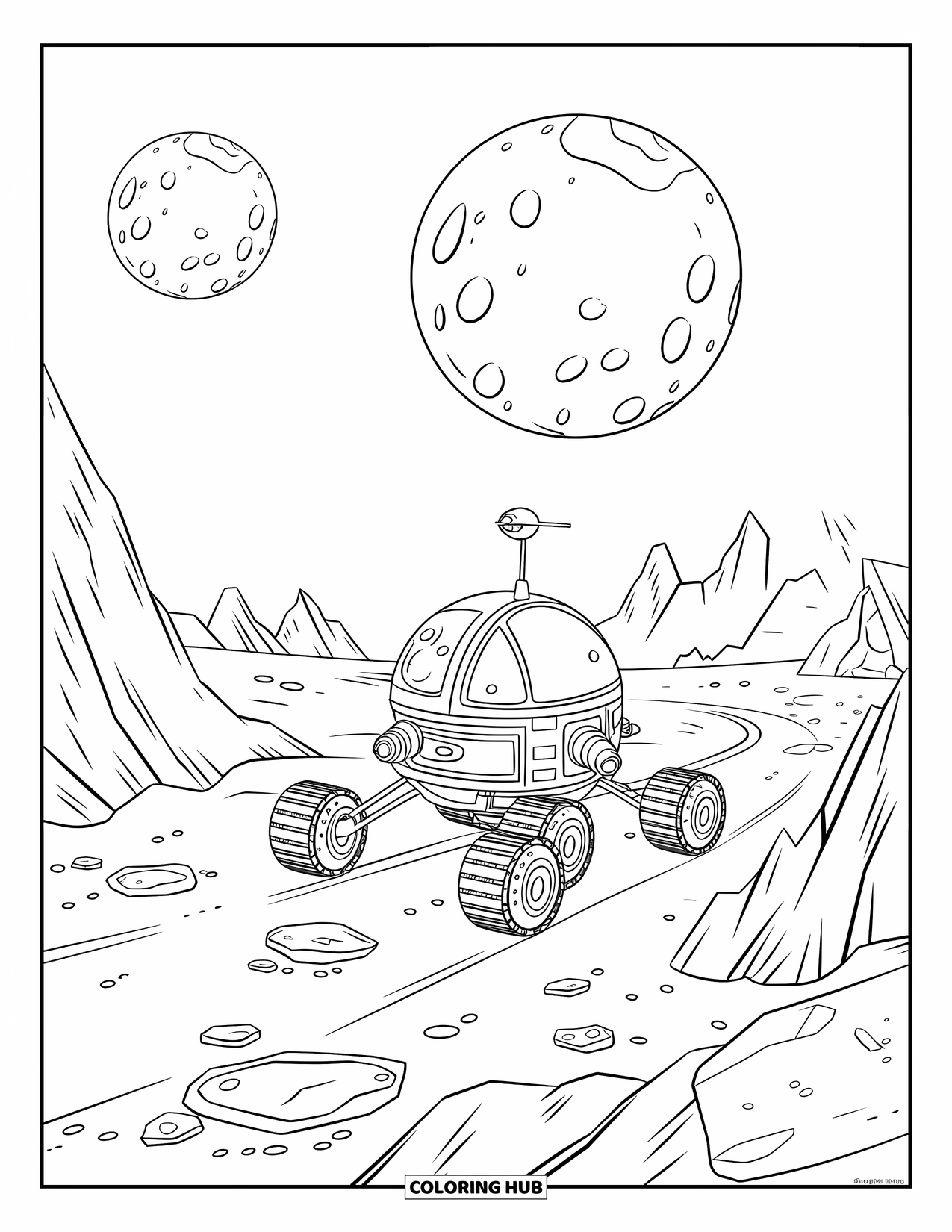 Galaxy Coloring Page for Kids: A rover with many wheels explores a rocky surface beneath twin cratered moons