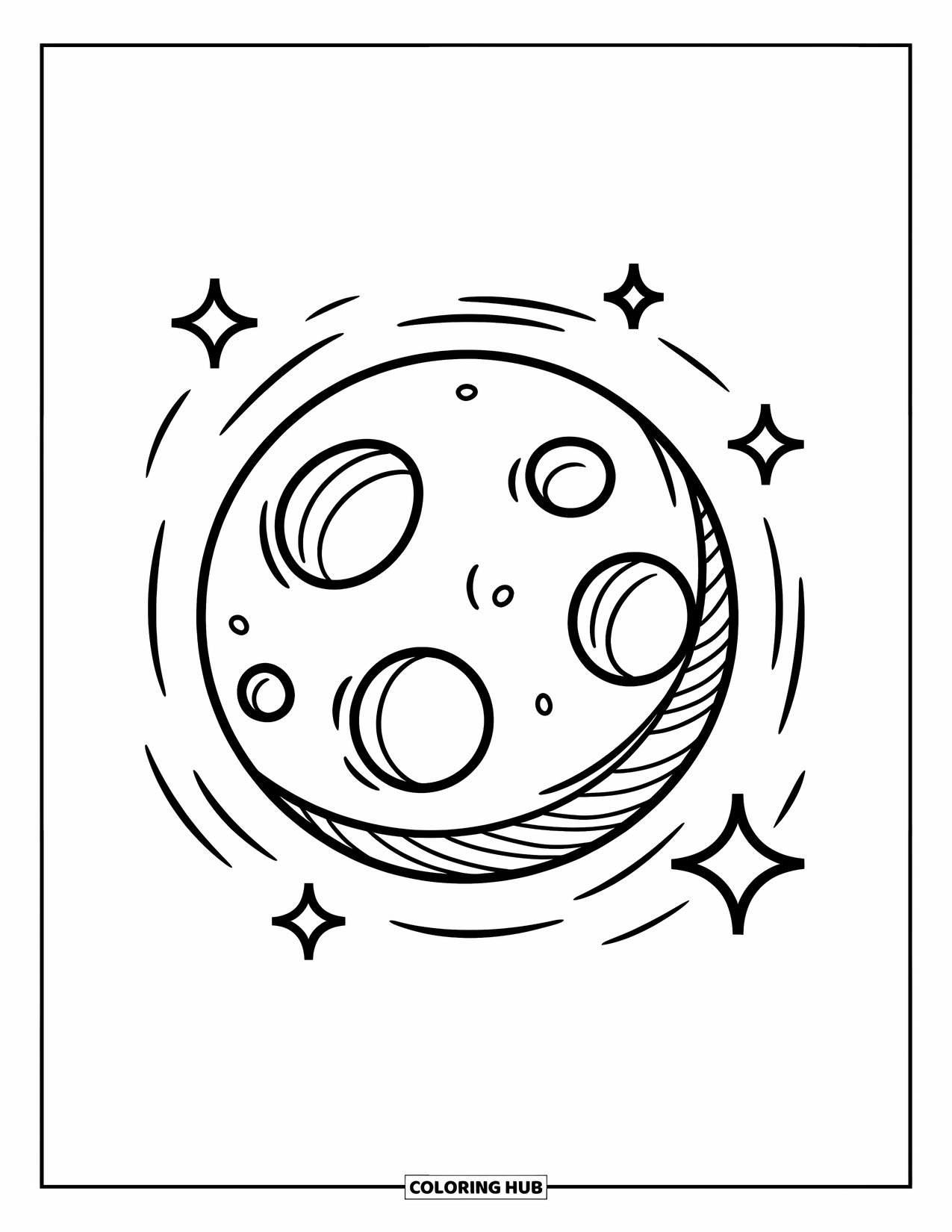Galaxy Coloring Page for Kids: A simple planet with three big craters glows gently with sparkles nearby